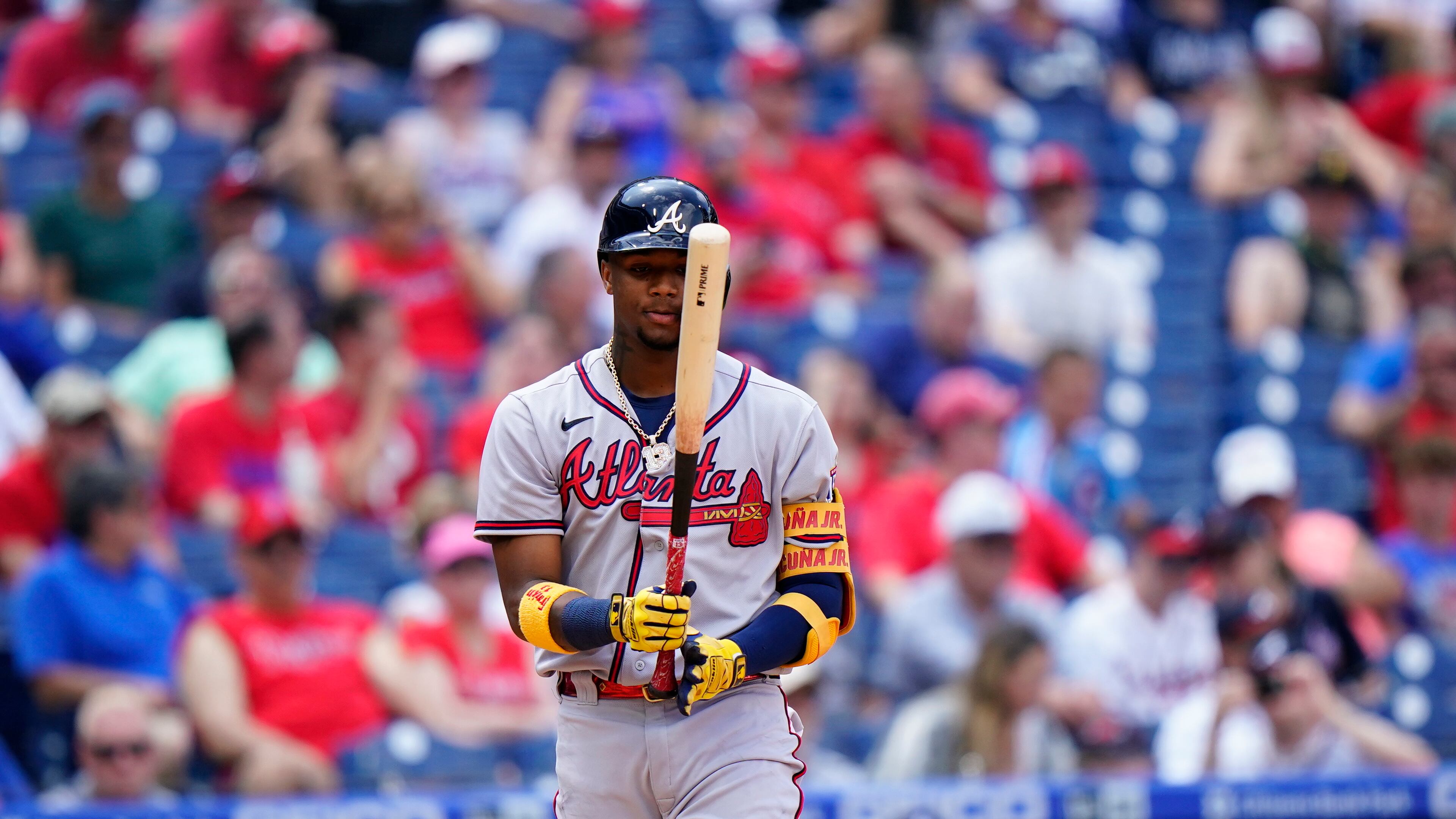 Braves outfielder Ronald Acuna steps up to plate during game against the Philadelphia Phillies, Thursday, June 10, 2021, in Philadelphia. (Matt Slocum/AP)