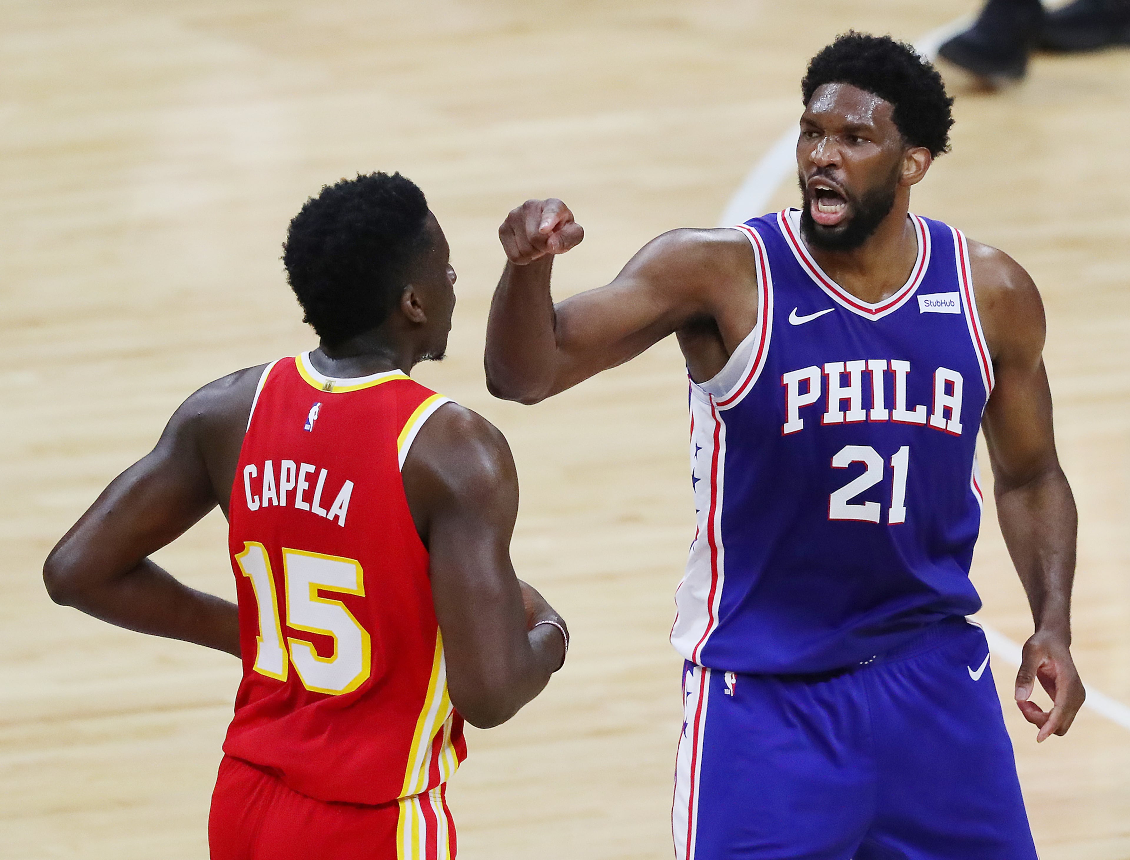 Clint Capela and Joel Embiid go face to face with Embiid becoming heated in game 5 of their NBA Eastern Conference semifinals series on Wednesday, Jun 16, 2021, in Philadelphia.