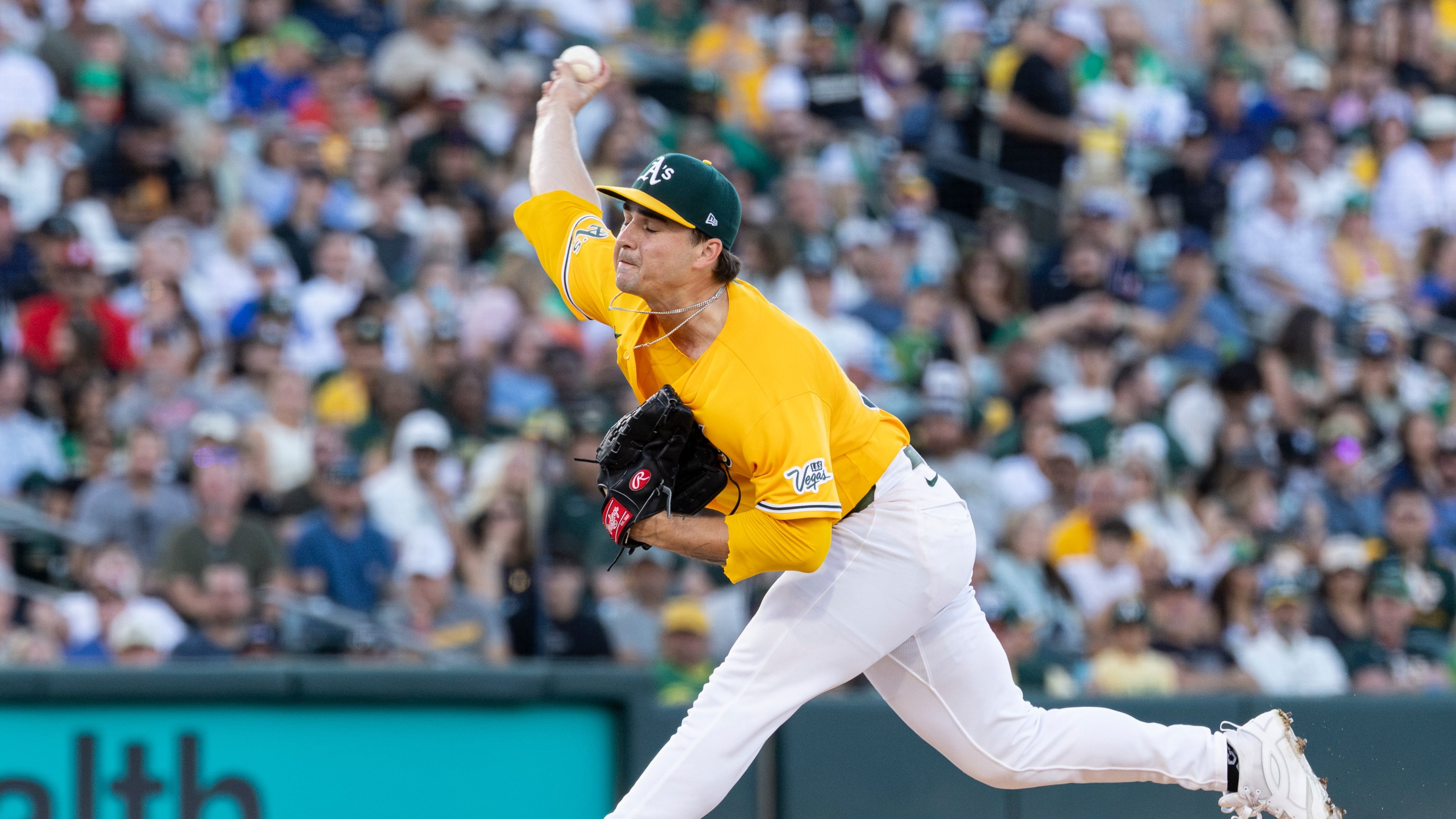 Athletics pitcher J.T. Ginn throws to the Washington Nationals during the second inning of a baseball game Saturday, July 18, 2026, in West Sacramento, Calif. (AP Photo/Sara Nevis)