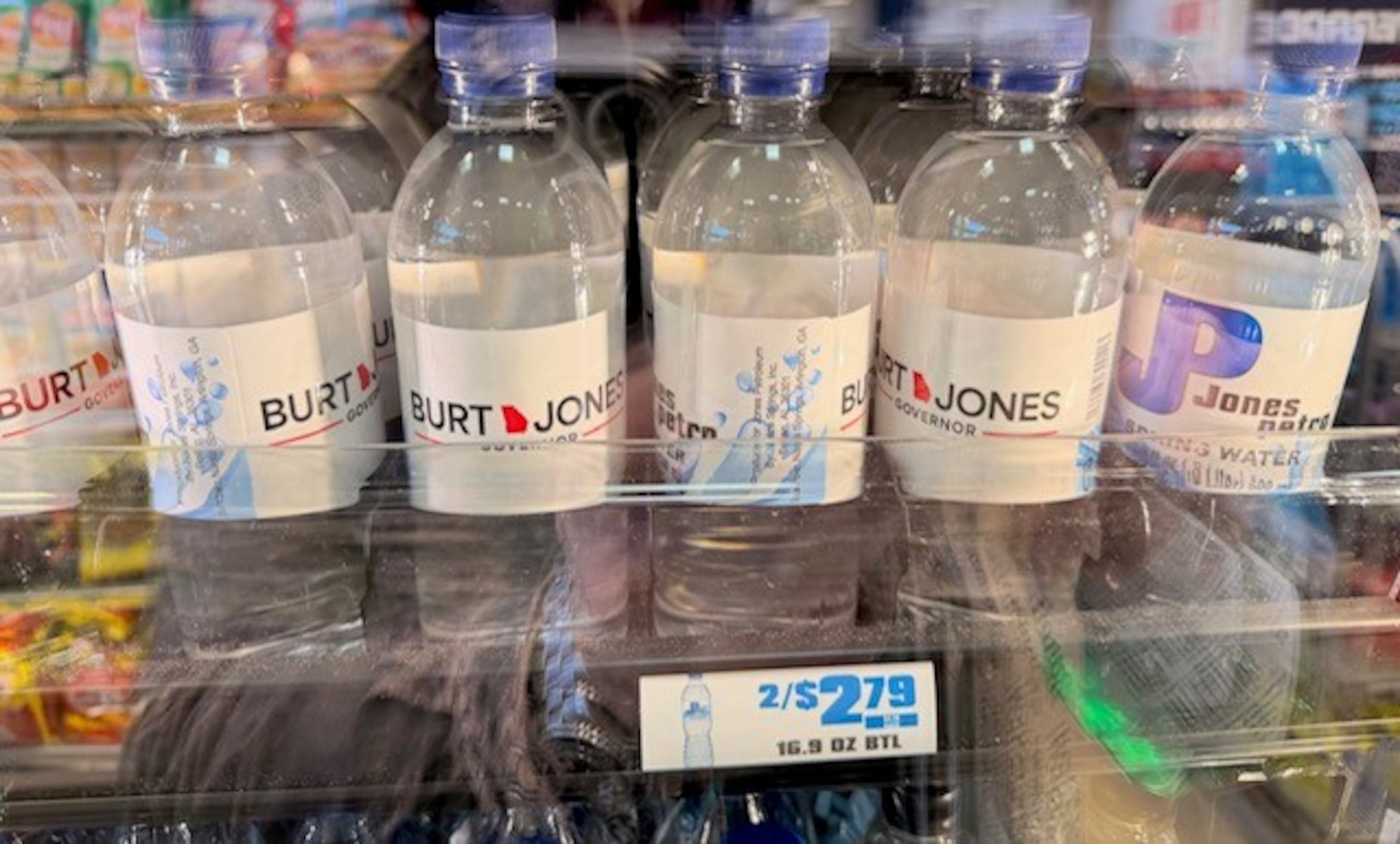 Water bottles co-branded by the Burt Jones campaign for governor and his family business, Jones Petroleum, were on sale Sunday at the JP gas station in Jones' hometown of Jackson. (Courtesy photo)