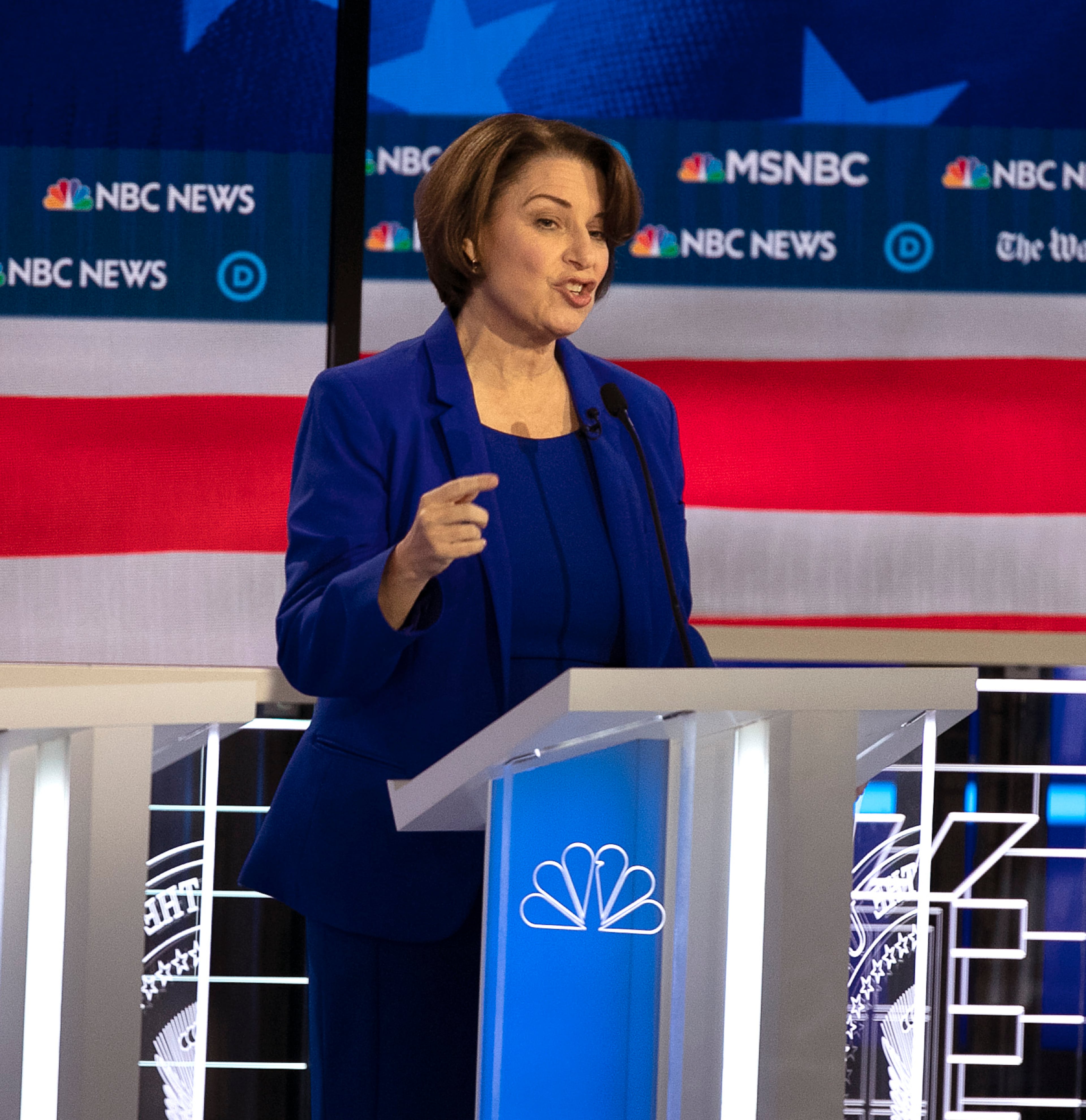 11/20/2019 -- Atlanta, Georgia -- Senator Amy Klobuchar speaks, during the MSNBC/The Washington Post Democratic Presidential debate inside the Oprah Winfrey Soundstage at Tyler Perry Studios, Monday, November 20, 2019. (Alyssa Pointer/Atlanta Journal Constitution)
