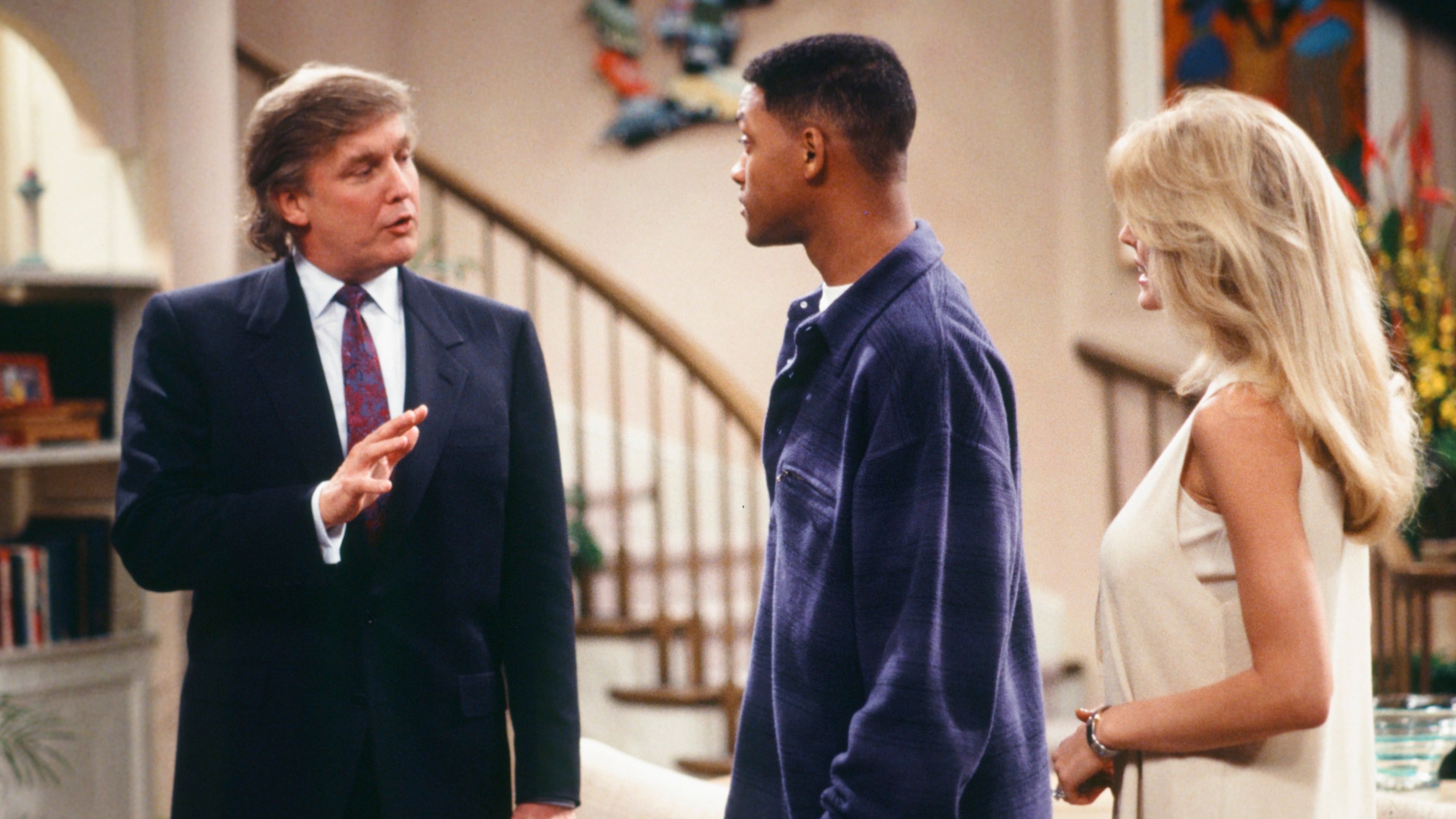 FRESH PRINCE OF BEL-AIR, THE -- "For Sale By Owner" Episode 25 -- Pictured: (l-r) Donald Trump as Himself, Will Smith as William 'Will' Smith, Marla Maples as Herself (Photo by Joseph Del Valle/NBC/NBCU Photo Bank via Getty Images)