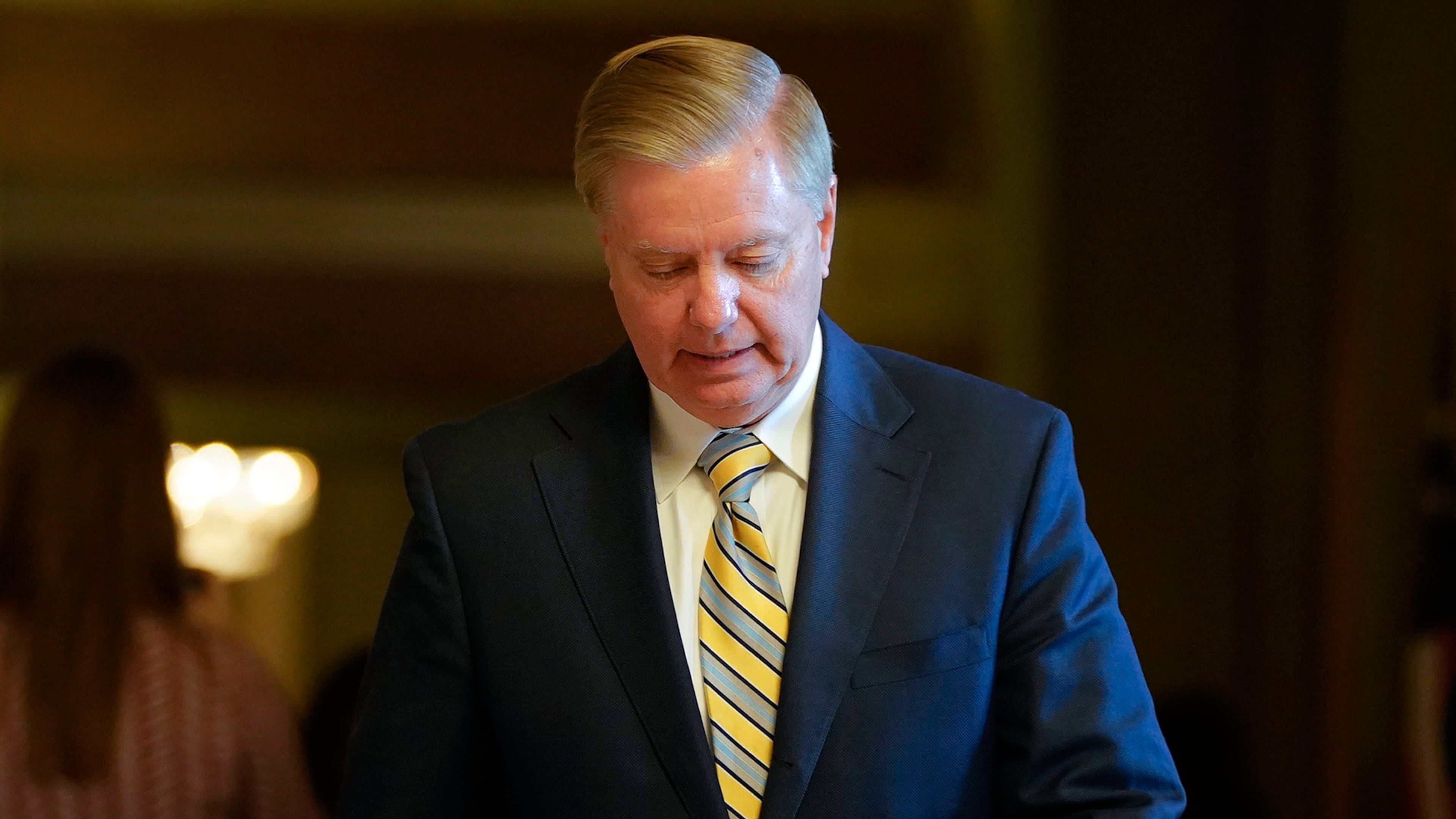 FILE - Sen. Lindsey Graham, R-S.C., leaves a meeting in the office of Senate Majority Leader Mitch McConnell, R-Ky., at the Capitol in Washington, Nov. 13, 2018. (AP Photo/Pablo Martinez Monsivais, File)