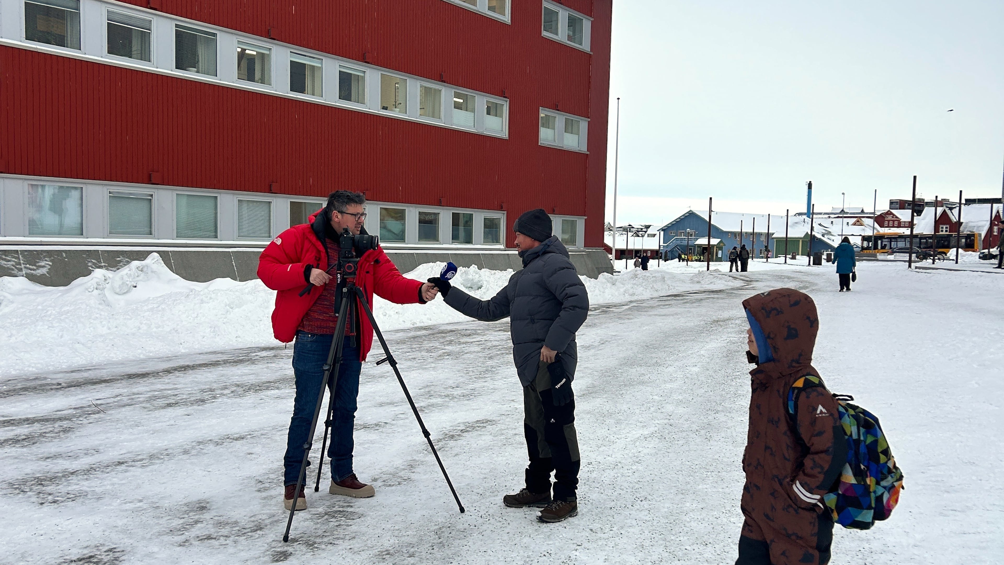 A journalist conducts an interview in Nuuk, Greenland, Thursday, Jan. 15, 2026. (AP Photo/Emma Burrows)
