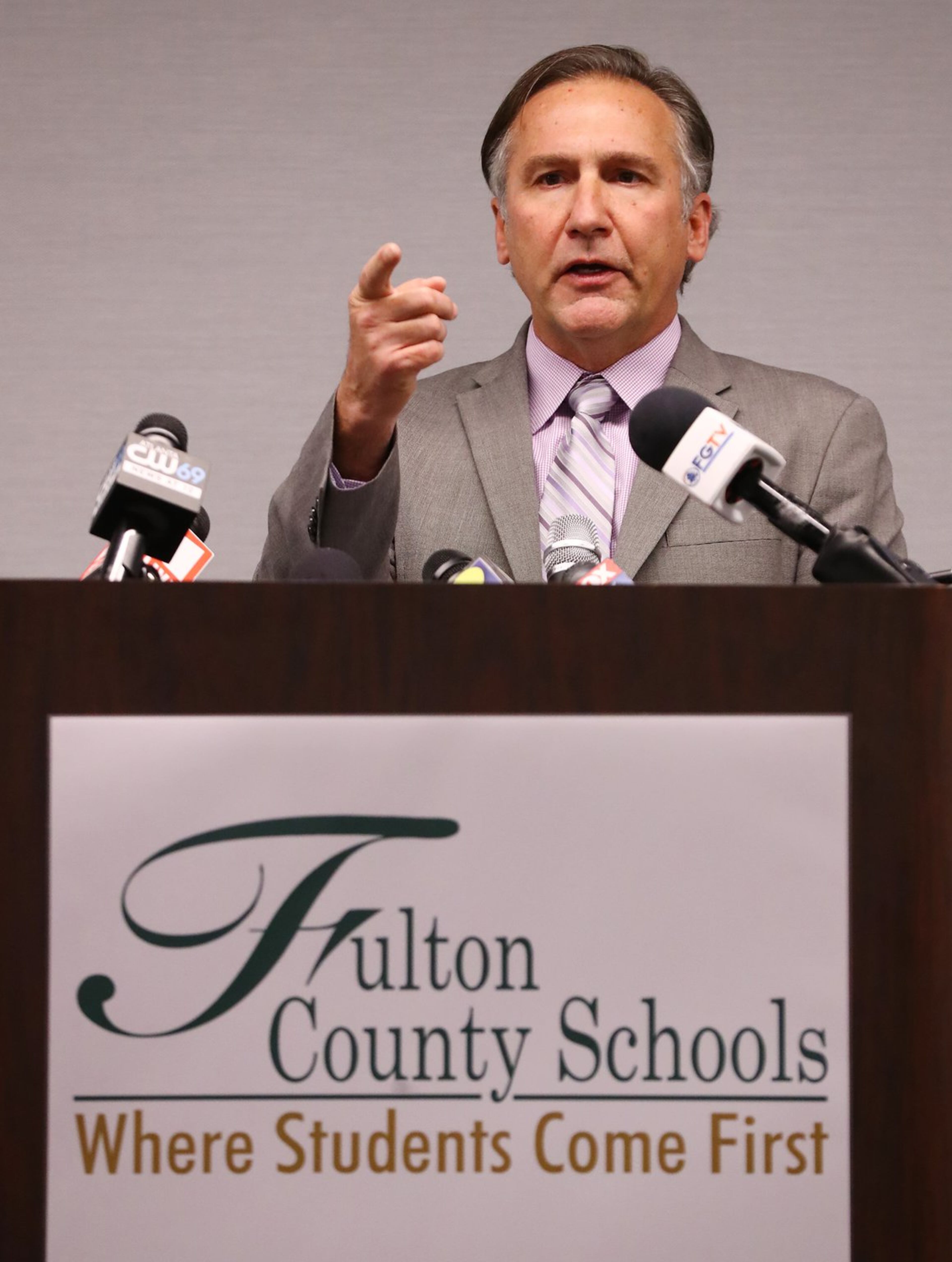 Fulton County Schools Superintendent Dr. Mike Looney holds a press conference at the Fulton County Administrative Building on Monday, March 9, 2020, announcing school closures after a middle school teacher was found to have a confirmed case of coronavirus.