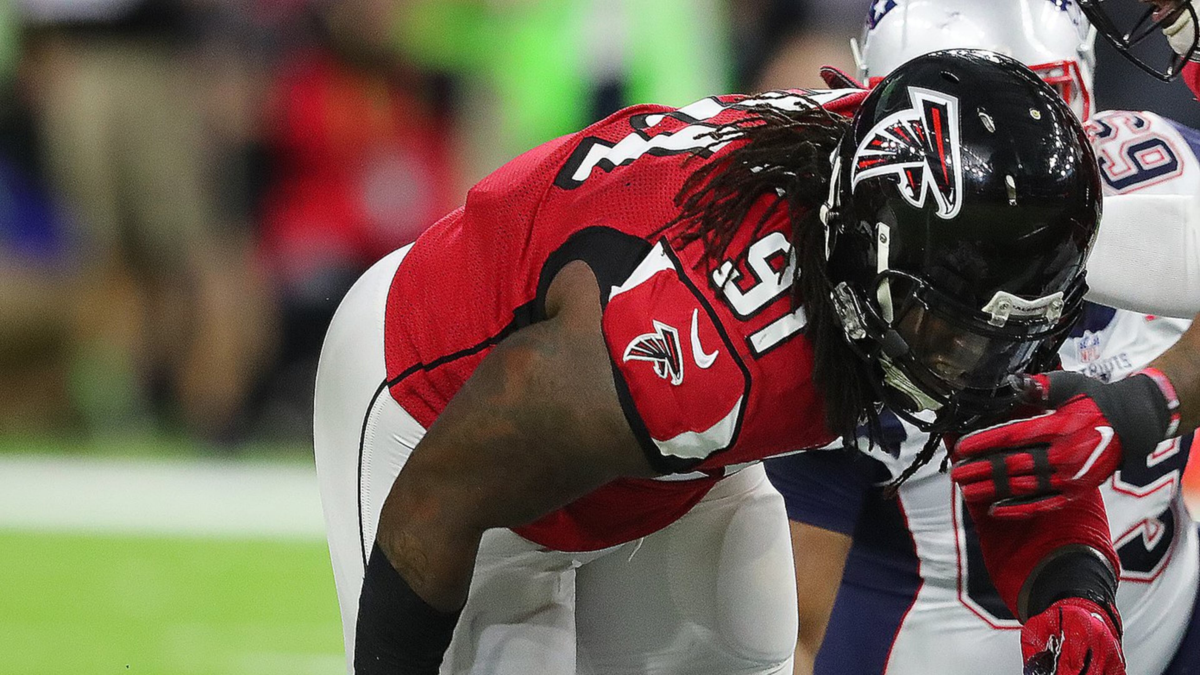 FEBRUARY 5, 2017 HOUSTON TX: The Atlanta Falcons Courtney Upshaw sacks Patriots quarterback Tom Brady during the first quarter in Super Bowl LI at NRG Stadium in Houston, TX, Sunday, February 5, 2017. Curtis Compton/AJC
