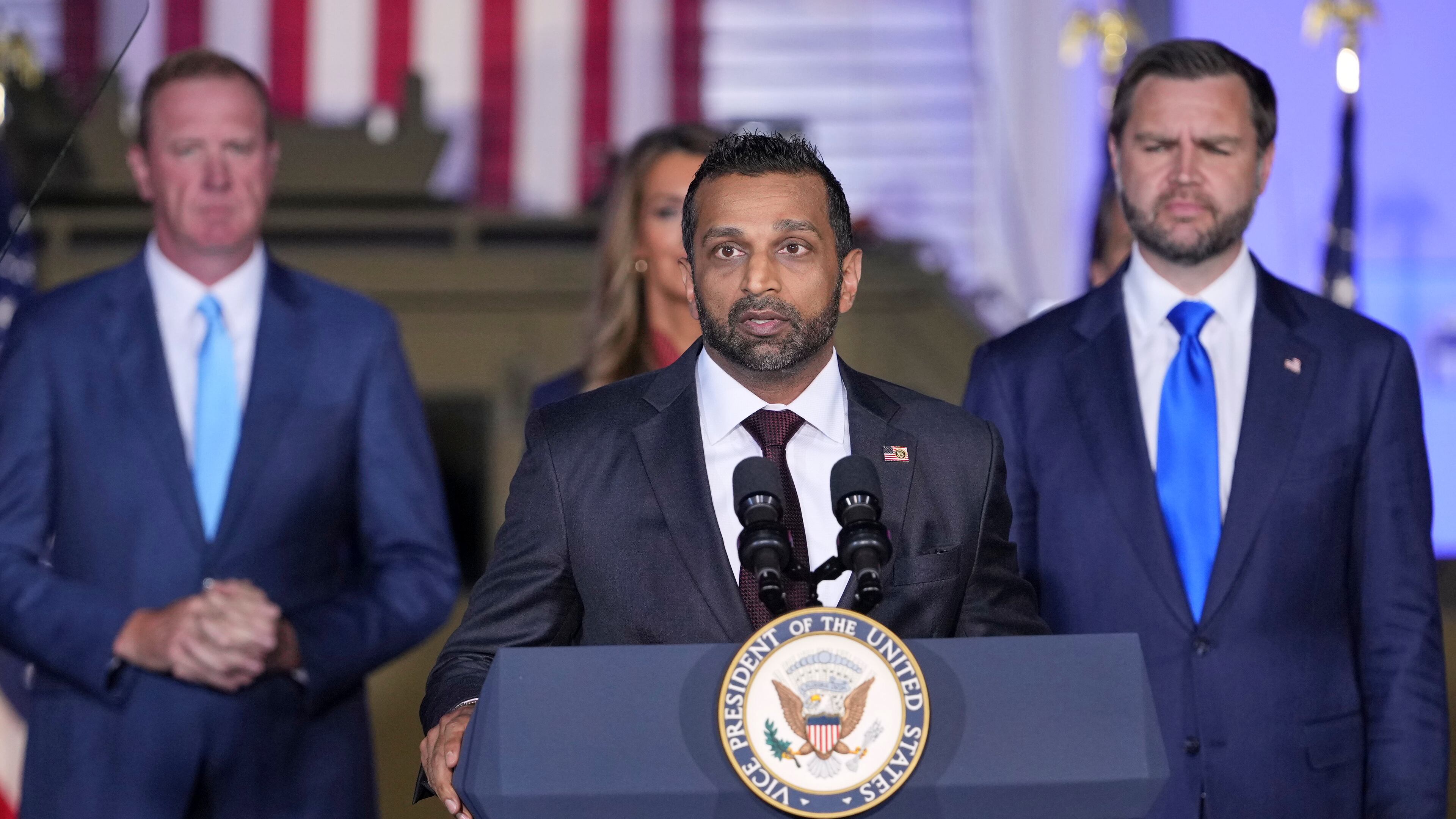 FBI Director Kash Patel speaks as Sen. Eric Schmitt, R-Mo., left and Vice President JD Vance listen during an event at the FBI Field Office in Kansas City, Mo., Monday, Sept. 14, 2026. (AP Photo/Mark Schiefelbein, Pool)