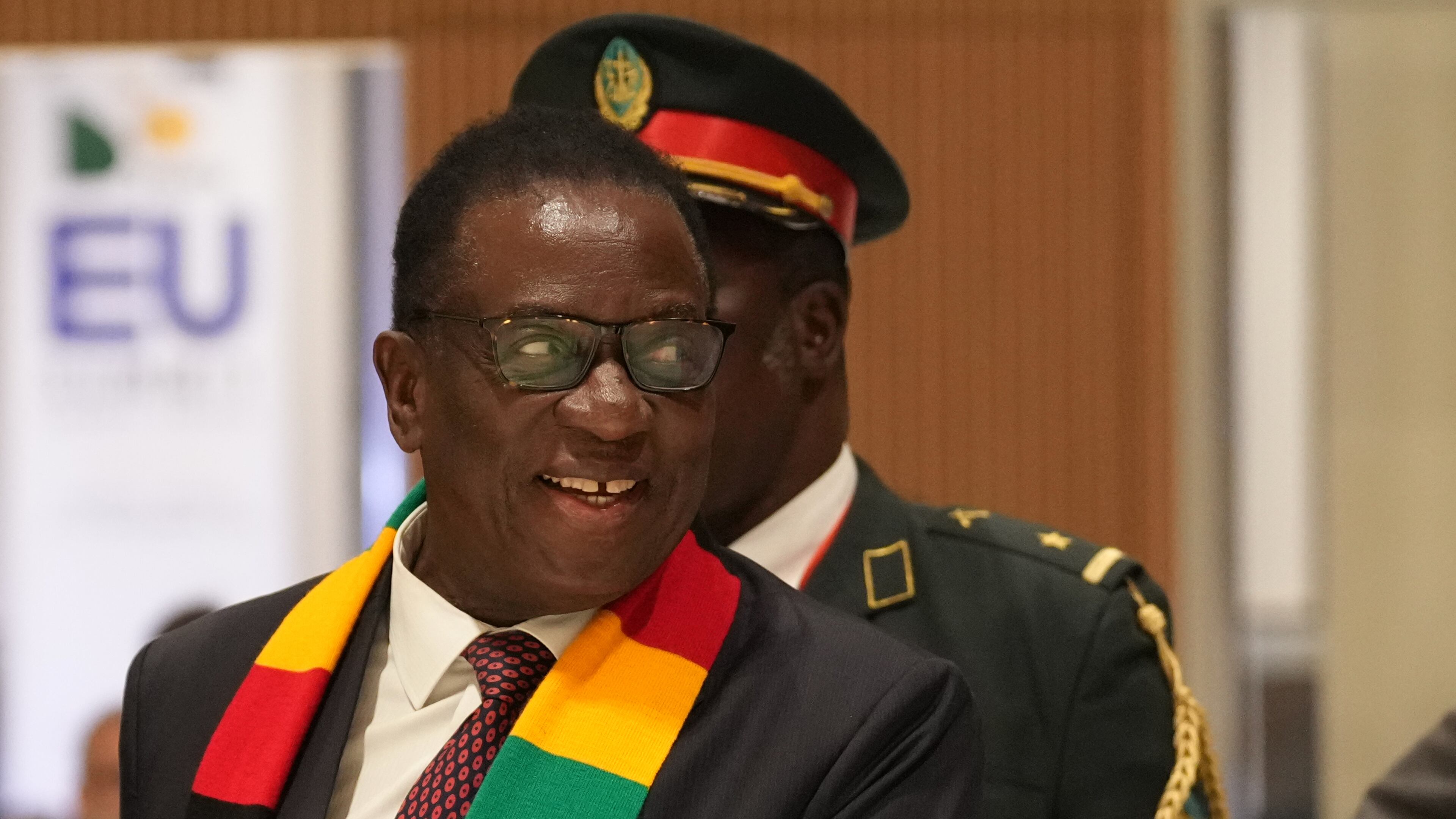 FILE - Zimbabwe's President Emmerson Mnangagwa attends the African Union-European Union summit in Luanda, Angola, on Nov. 24, 2025. (AP Photo/Thibault Camus, File)