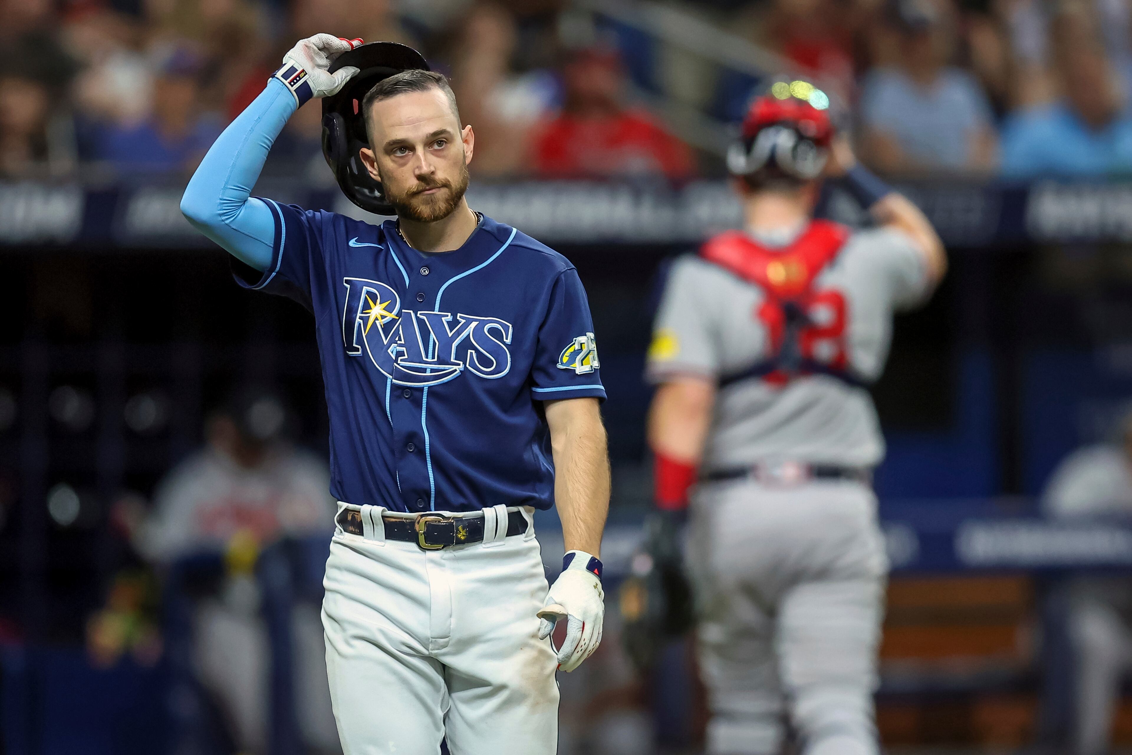 Tampa Bay Rays' Brandon Lowe reacts after striking out against the Atlanta Braves during the sixth inning of a baseball game Saturday, July 8, 2023, in St. Petersburg, Fla. (AP Photo/Mike Carlson)