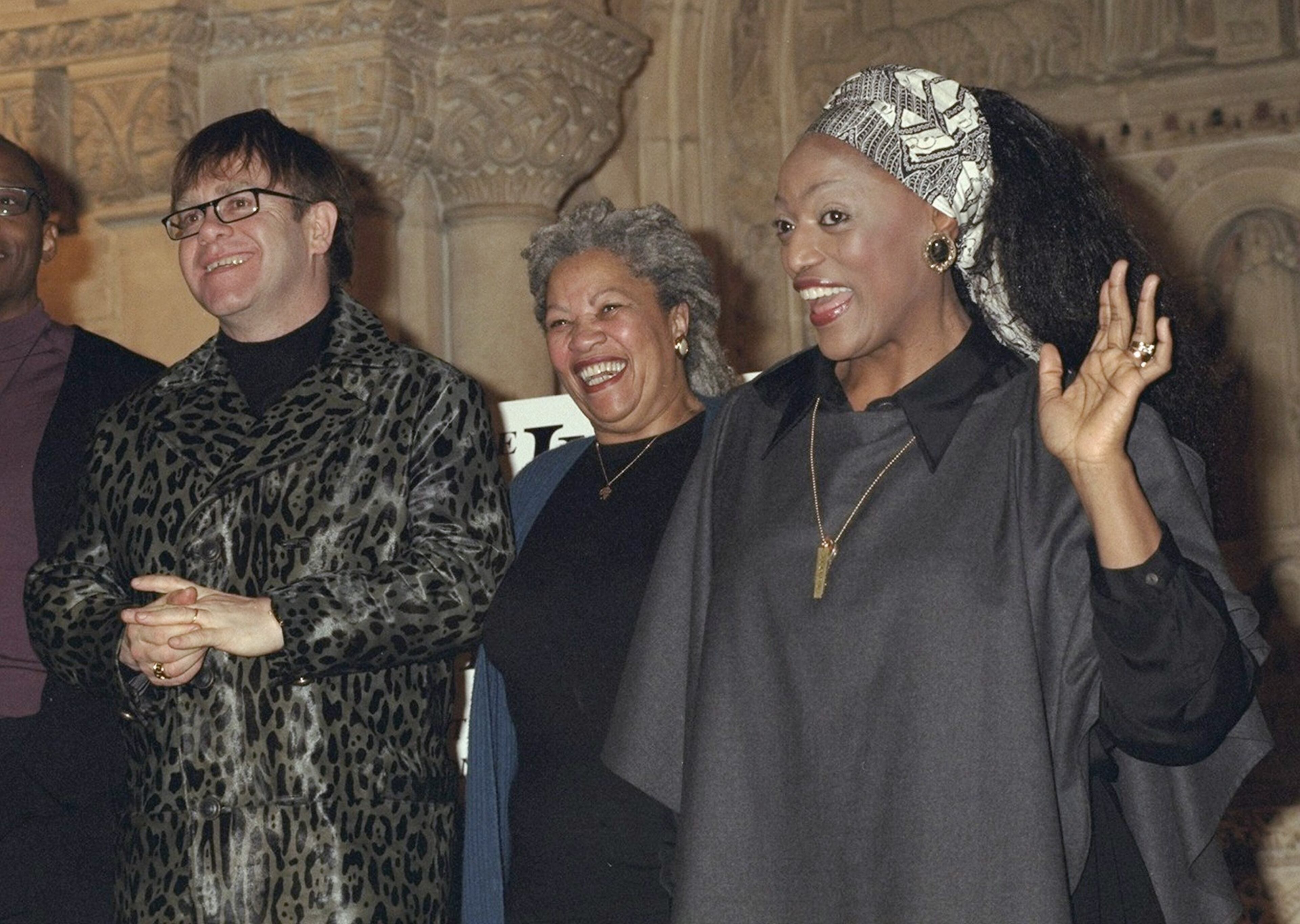 UNITED STATES - DECEMBER 04: Elton John, Toni Morrison and Jessye Norman (l. to r.) get together at Riverside Church to promote the Jessye Norman Sings for the Healing of AIDS concert to be held at the church. (Photo by Richard Corkery/NY Daily News Archive via Getty Images)