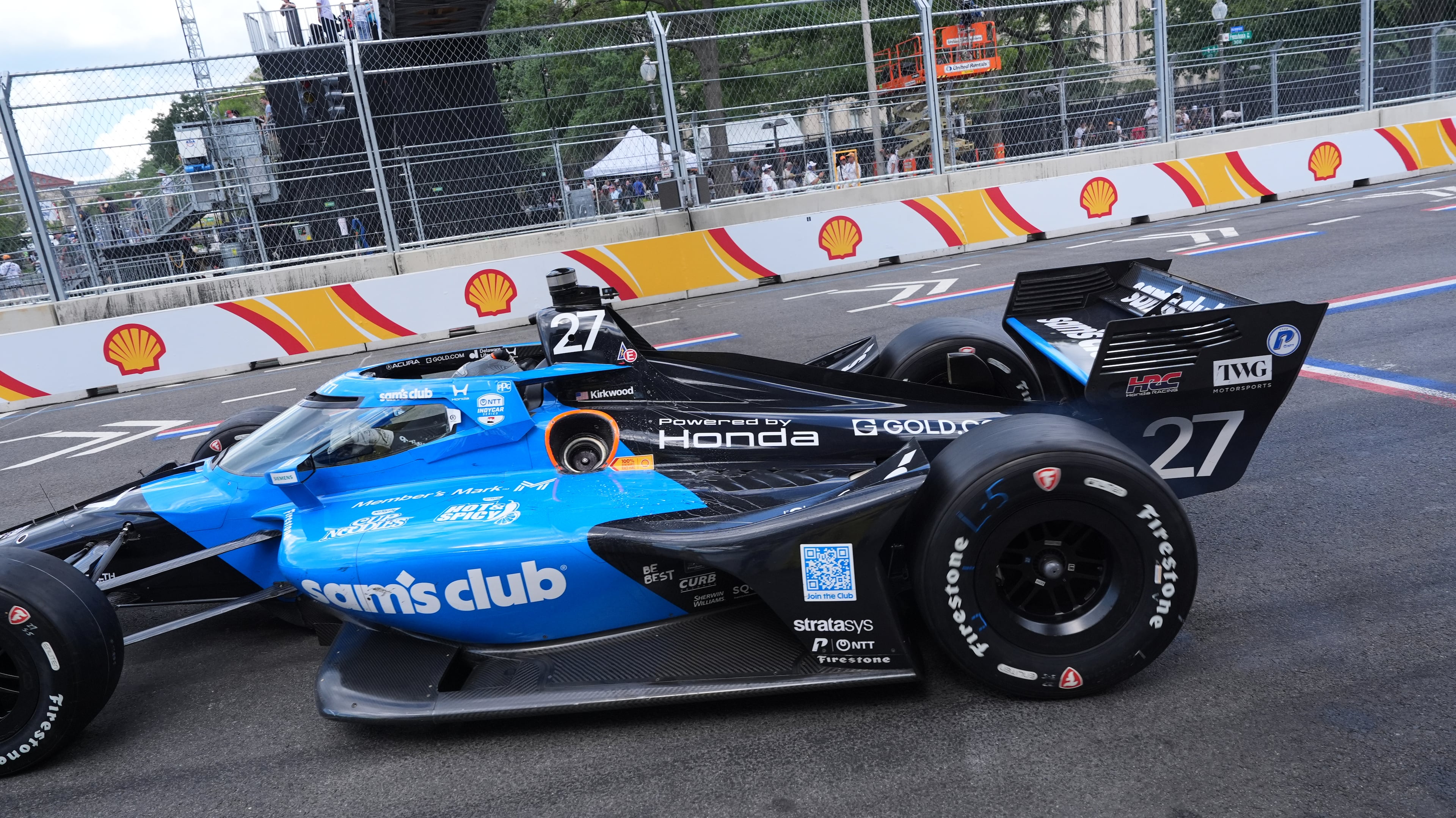 Kyle Kirkwood (27) makes a pit stop for gas during the IndyCar Freedom 250 Grand Prix auto race in Washington, Sunday, Aug. 23, 2026. (AP Photo/Alex Brandon)