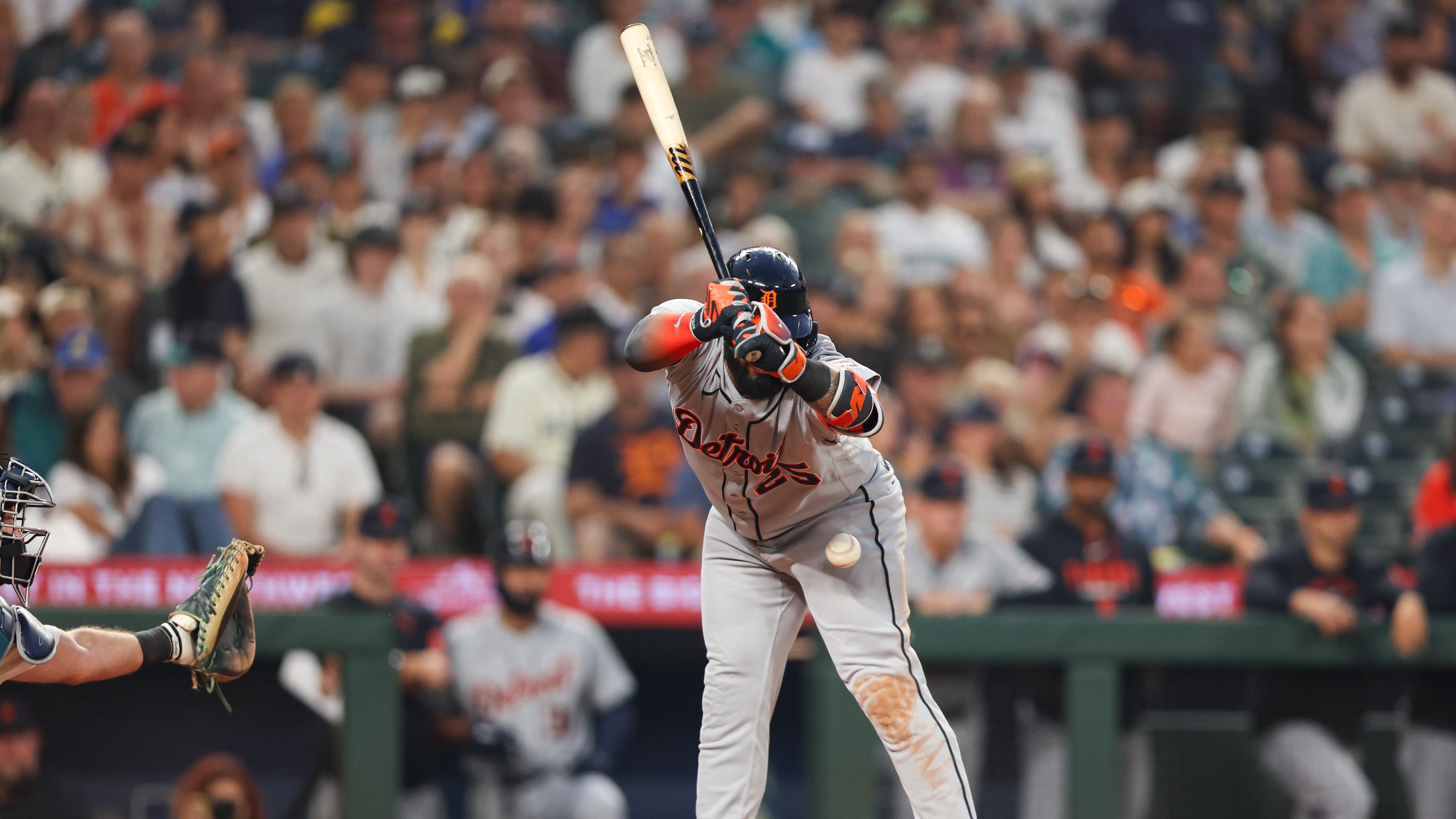 Detroit Tigers' Gleyber Torres is hit by a pitch in the eighth inning of a baseball game against the Seattle Mariners, Wednesday, Aug. 5, 2026, in Seattle. (AP Photo/Kevin Ng)