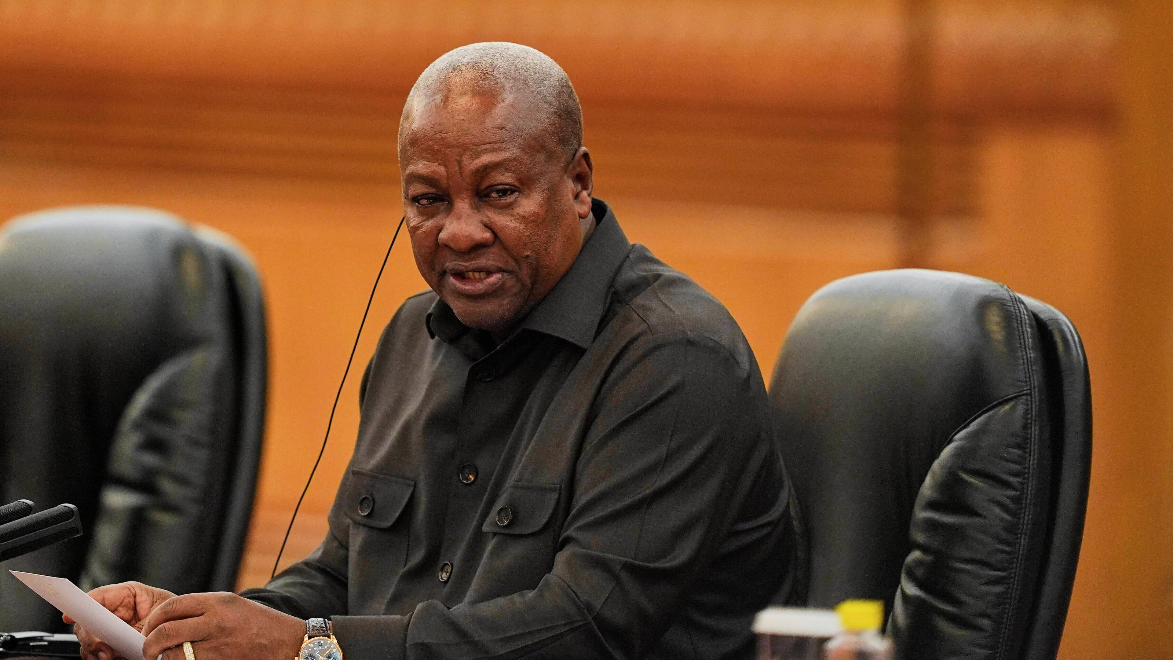 FILE - Ghana's President John Mahama speaks during a meeting with Chinese President Xi Jinping at the Great Hall of the People in Beijing, Oct. 14, 2025. (Ichiro Banno/Pool Photo via AP, FILE)