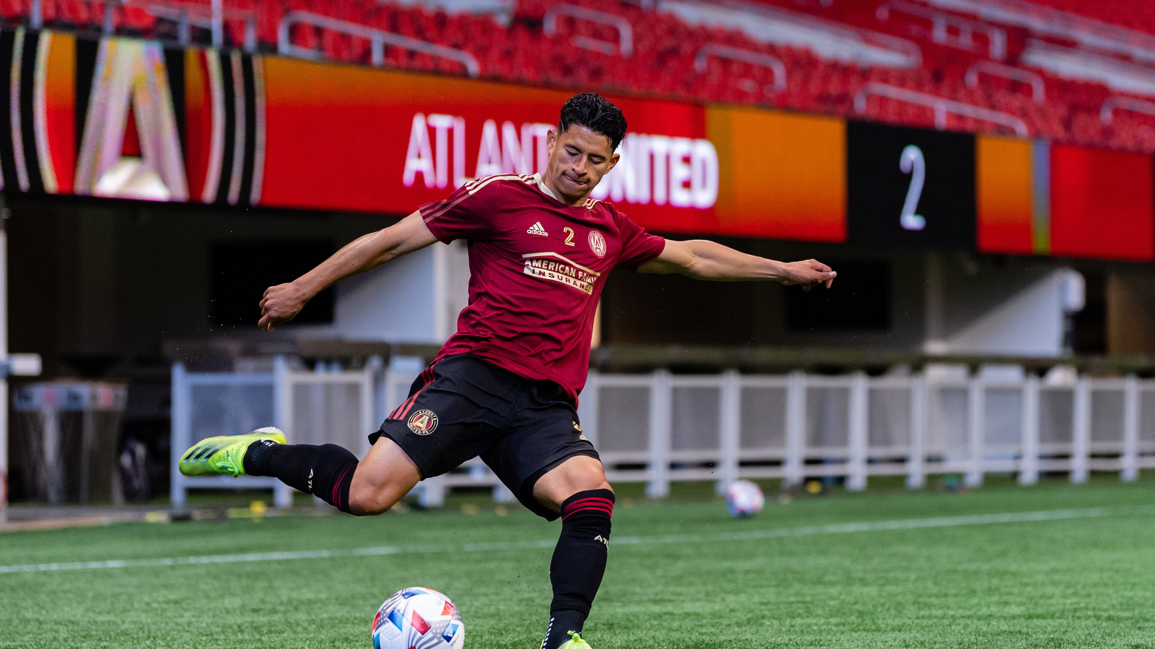 Atlanta United defender Ronald Hernandez #2 kicks the ball during the preseason scrimmage against Charleston Battery at Mercedes-Benz Stadium in Atlanta, Georgia, on Saturday March 20, 2021. (Photo by Jacob Gonzalez/Atlanta United)