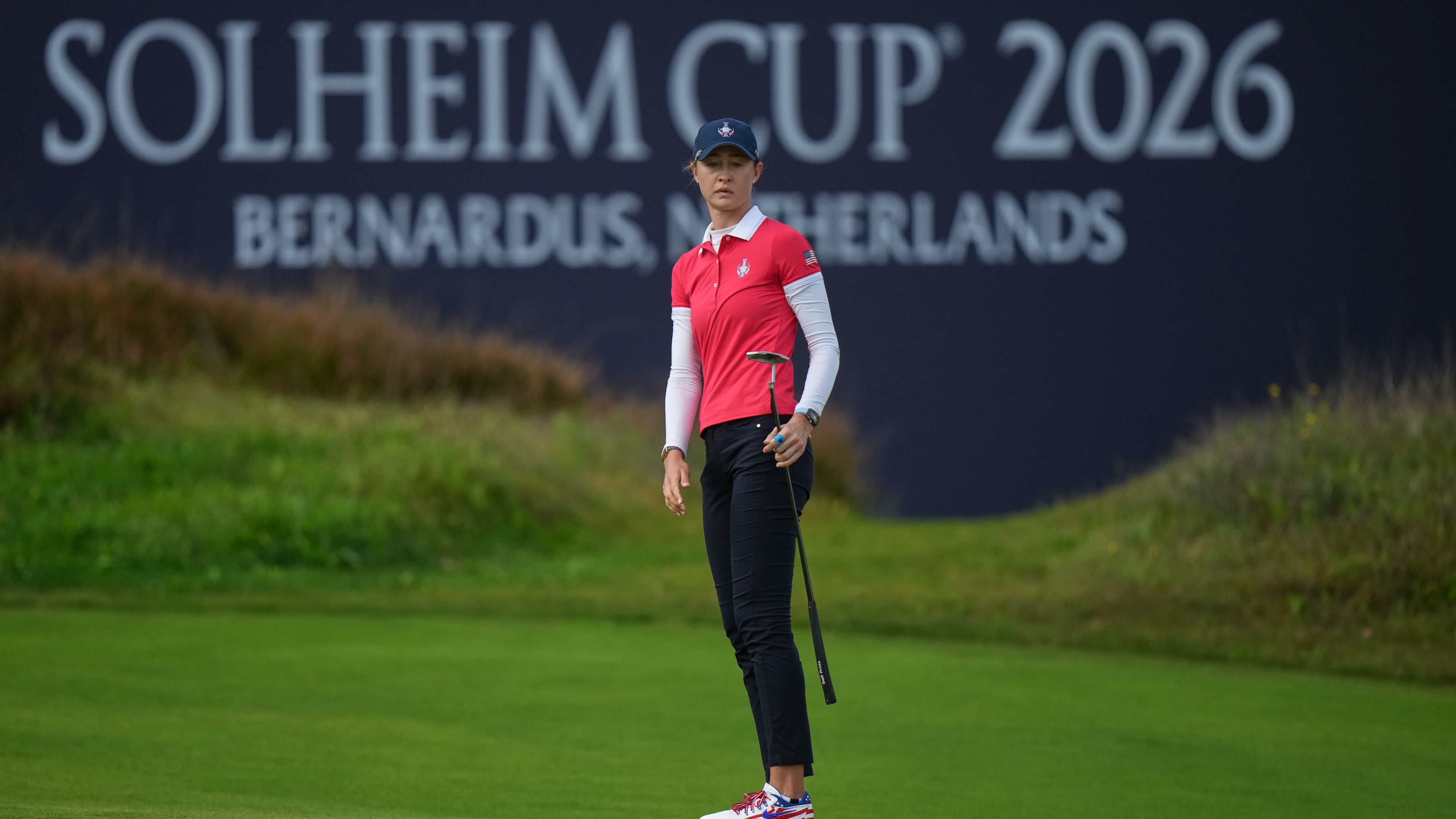 Nelly Korda of the United States misses a putt on the 15th green during the final day of the Solheim Cup in Den Bosch, Netherlands, Sunday, Sept. 13, 2026. (AP Photo/Alastair Grant)