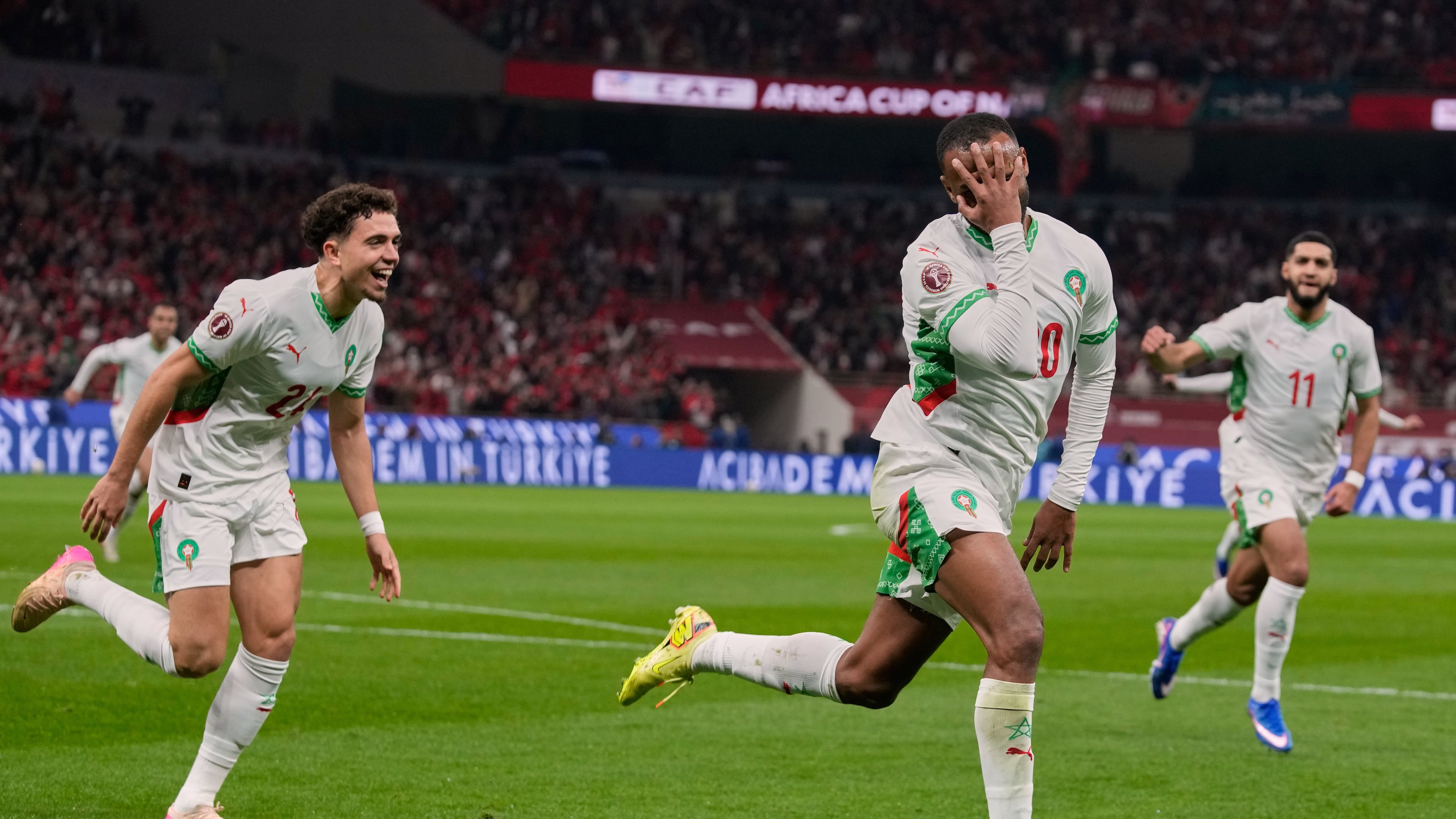 Morocco's Ayoub El Kaabi celebrates after scoring his side's first goal during the Africa Cup of Nations group A soccer match between Zambia and Morocco in Rabat, Morocco, Monday, Dec. 29, 2025. (AP Photo/Themba Hadebe)