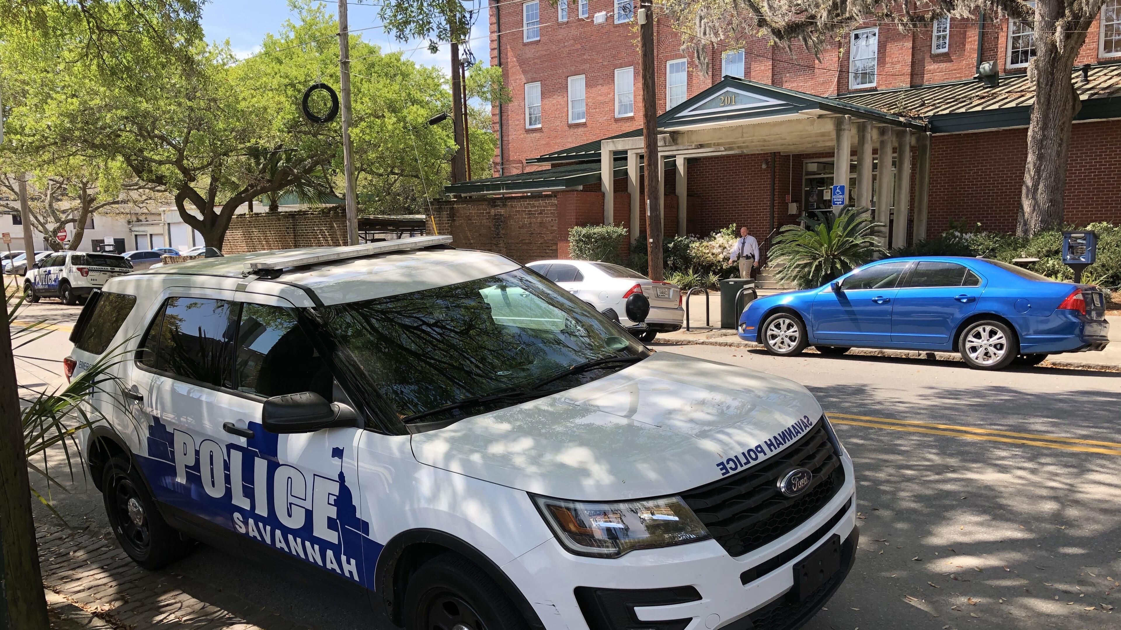 A Savannah police cruiser parked outside Savannah police headquarters.