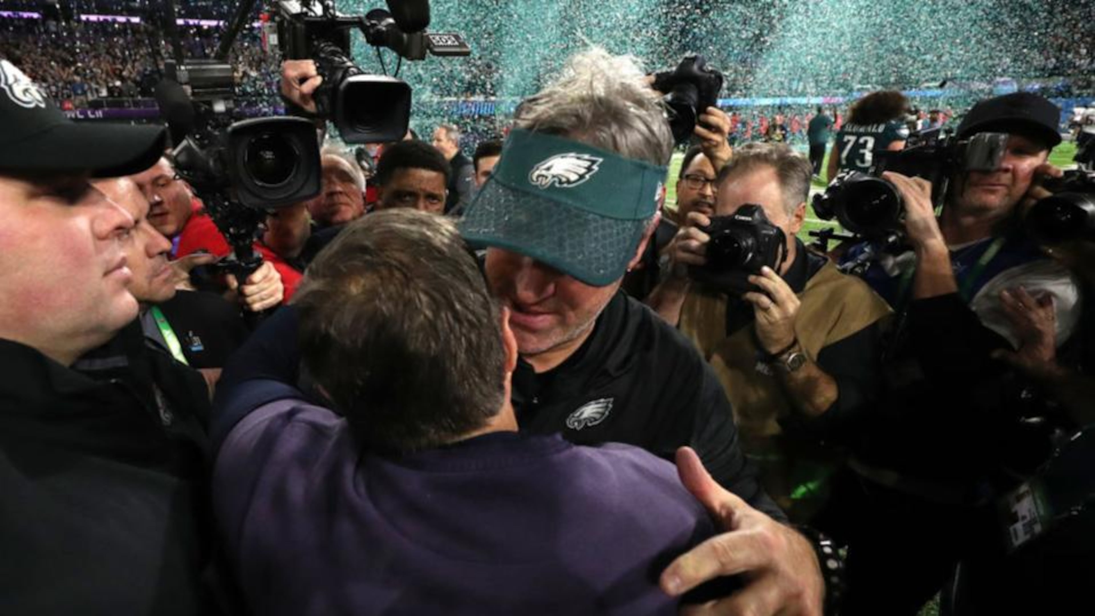 Head coach Doug Pederson of the Philadelphia Eagles shakes hands with head coach Bill Belichick after defeating the New England Patriots 41-33 in Super Bowl LII at U.S. Bank Stadium on February 4, 2018 in Minneapolis, Minnesota. (Photo by Patrick Smith/Getty Images)