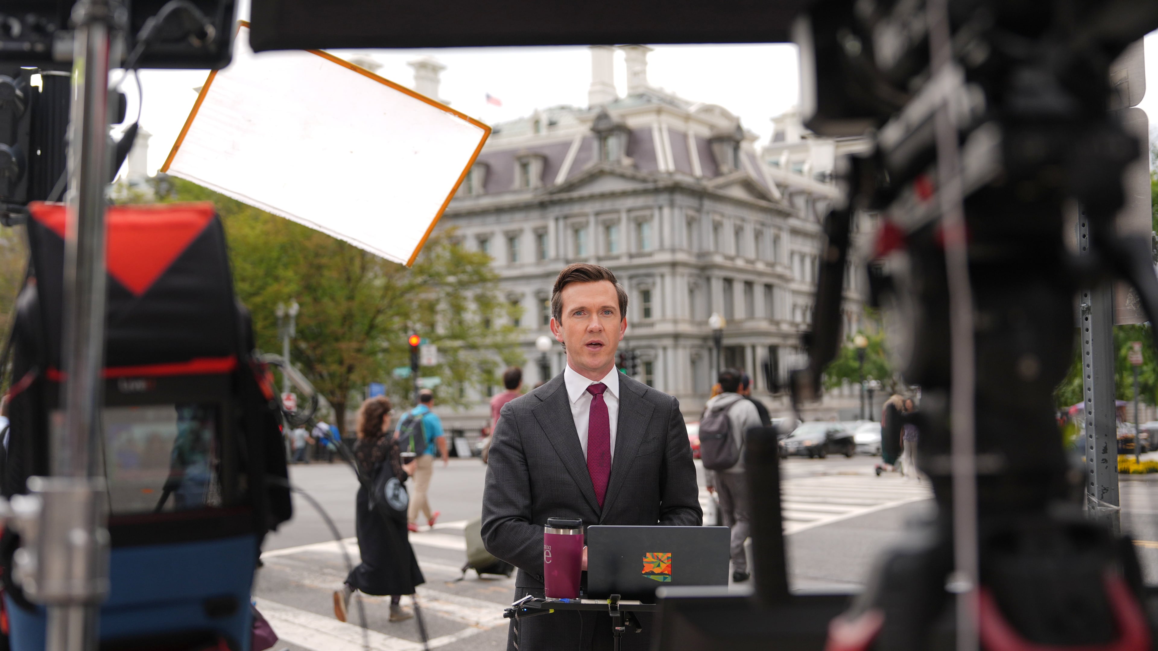 Vaughn Hillyard, White House correspondent for MS NOW, does a report from near the White House, Monday, Sept. 21, 2026, in Washington. (AP Photo/Mark Schiefelbein)