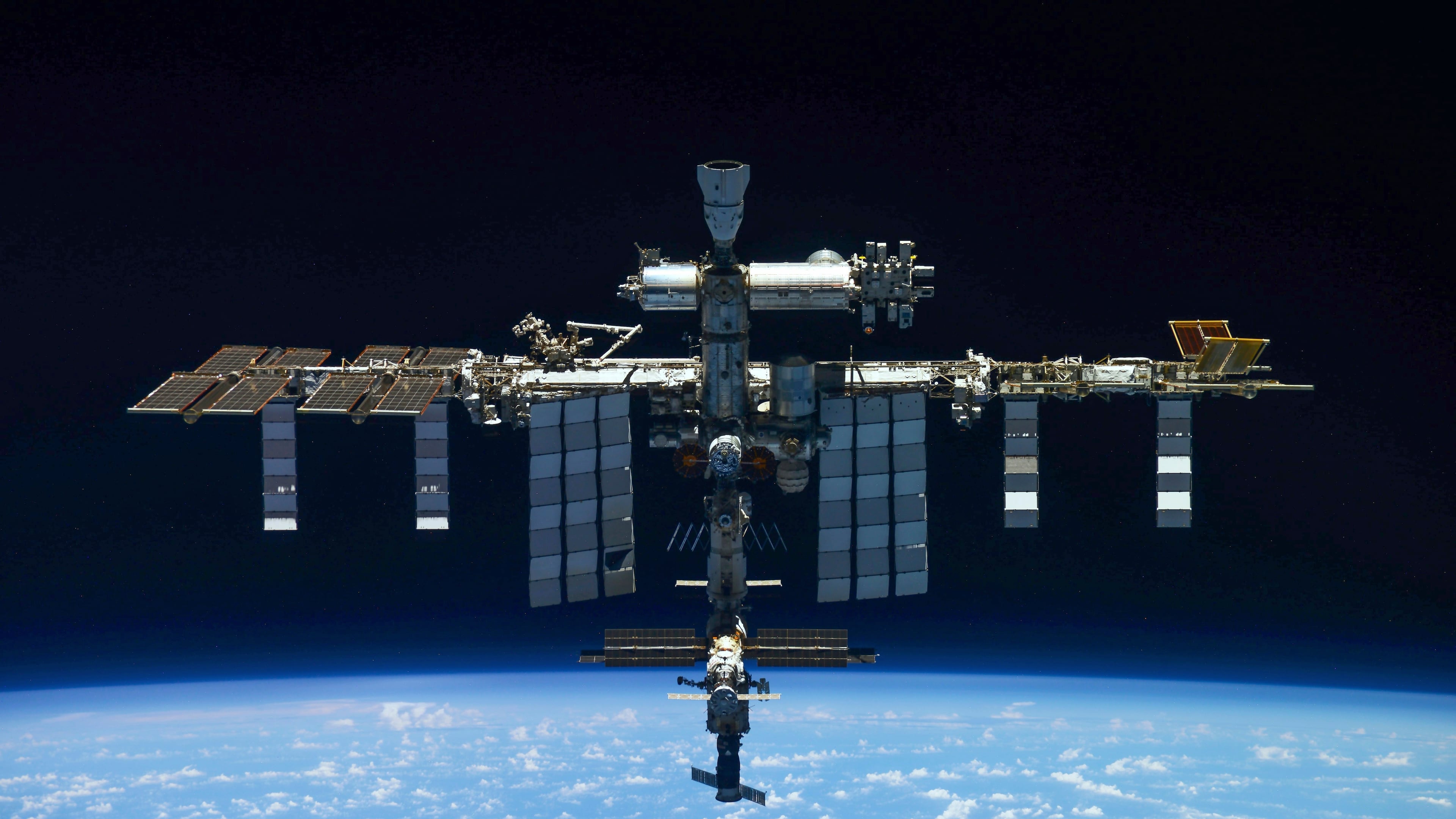 FILE - This photo provided by Roscosmos shows the International Space Station from a Russian Soyuz MS-19 spaceship after undocking on March 30, 2022. (Roscosmos State Space Corporation via AP, File)