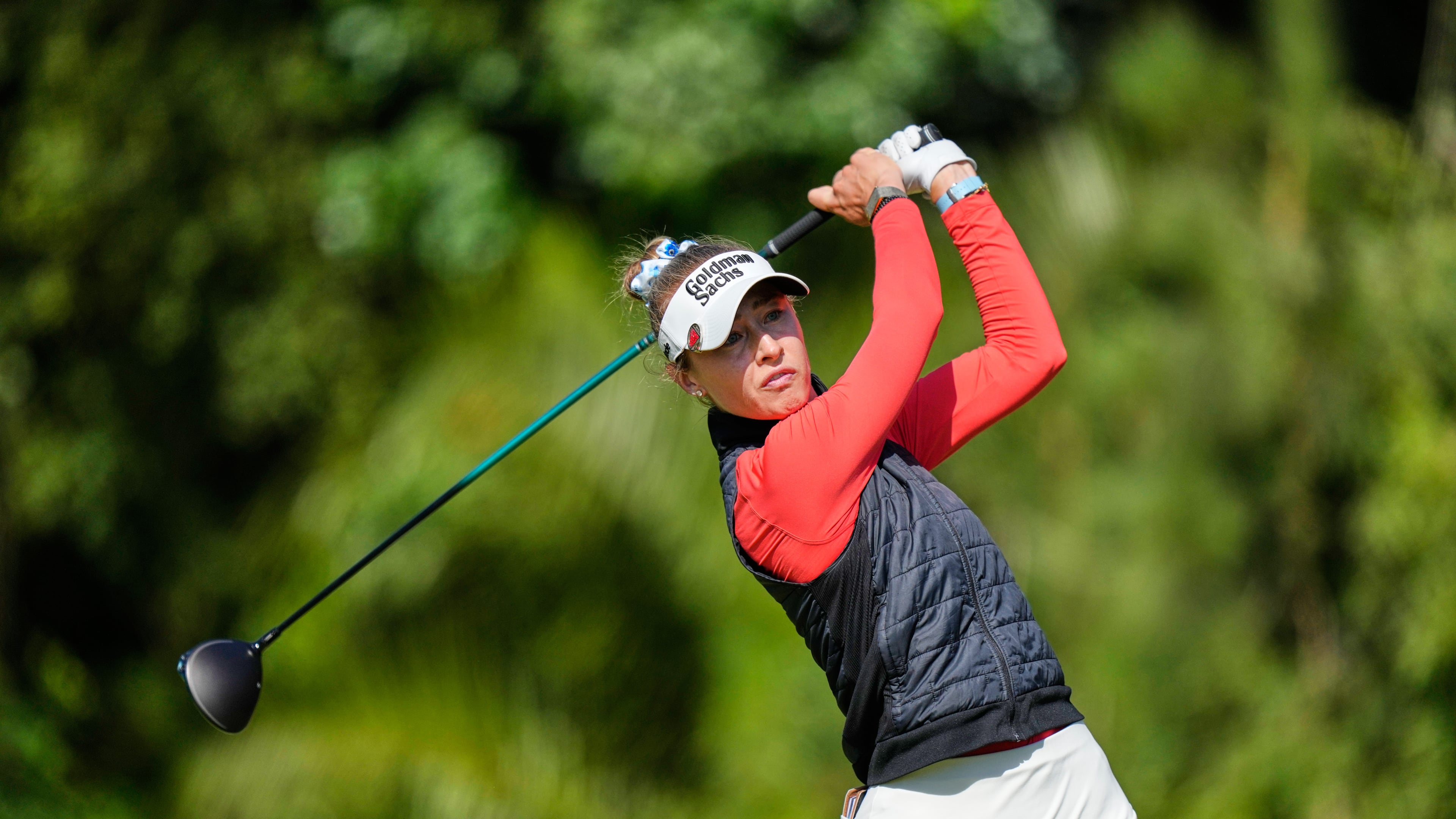 Nelly Korda hits of the 13th tee during the third round of the U.S. Women's Open golf tournament Saturday, June 6, 2026, in the Pacific Palisades area of Los Angeles. (AP Photo/Ashley Landis)