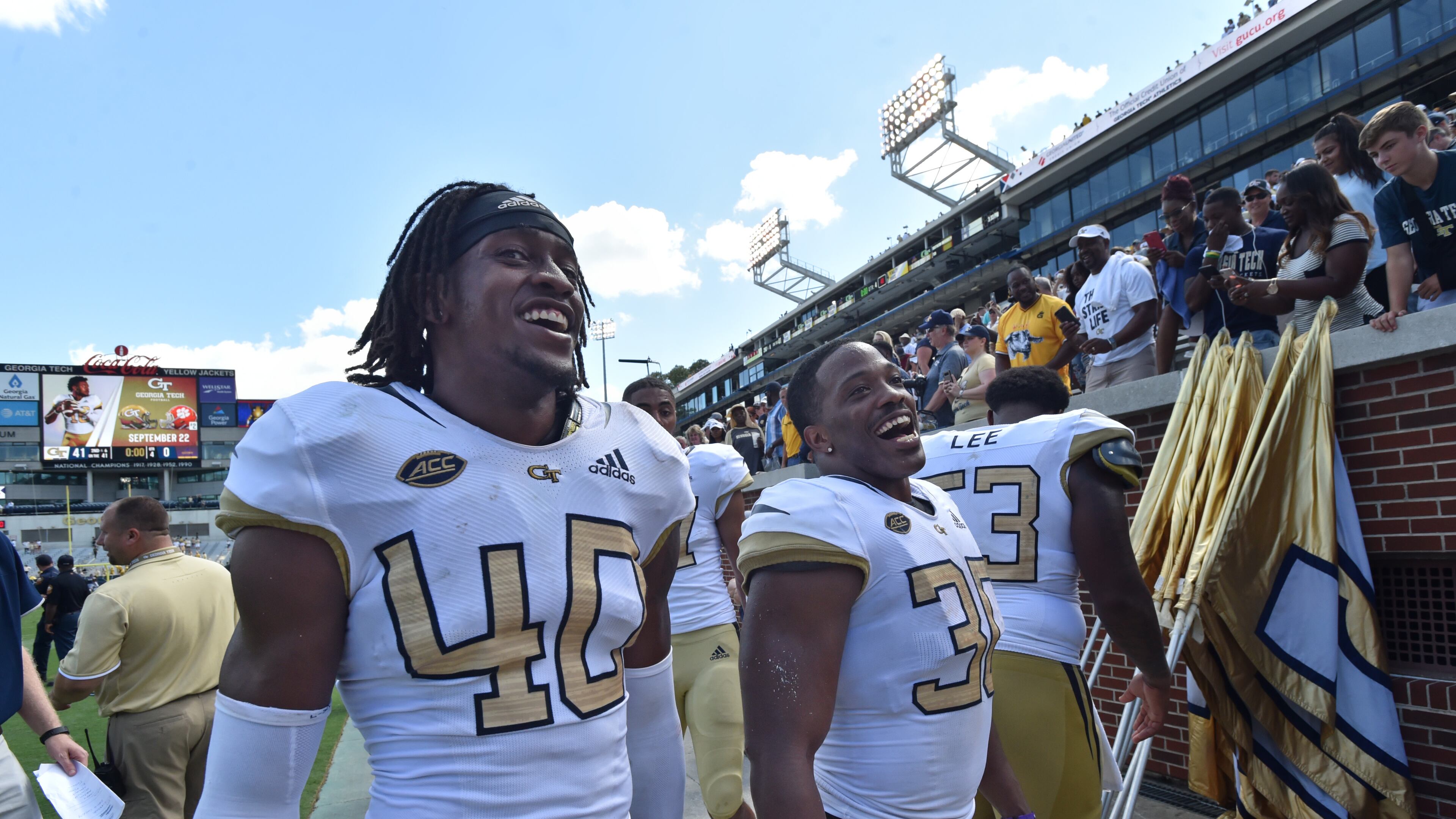 September 1, 2018 Atlanta - Georgia Tech defensive back Kaleb Oliver (40) and Georgia Tech running back KirVonte Benson (30) celebrate their 41-0 victory over the Alcorn State during the Georgia Tech home opener at Bobby Dodd Stadium on Saturday, September 1, 2018. HYOSUB SHIN / HSHIN@AJC.COM
