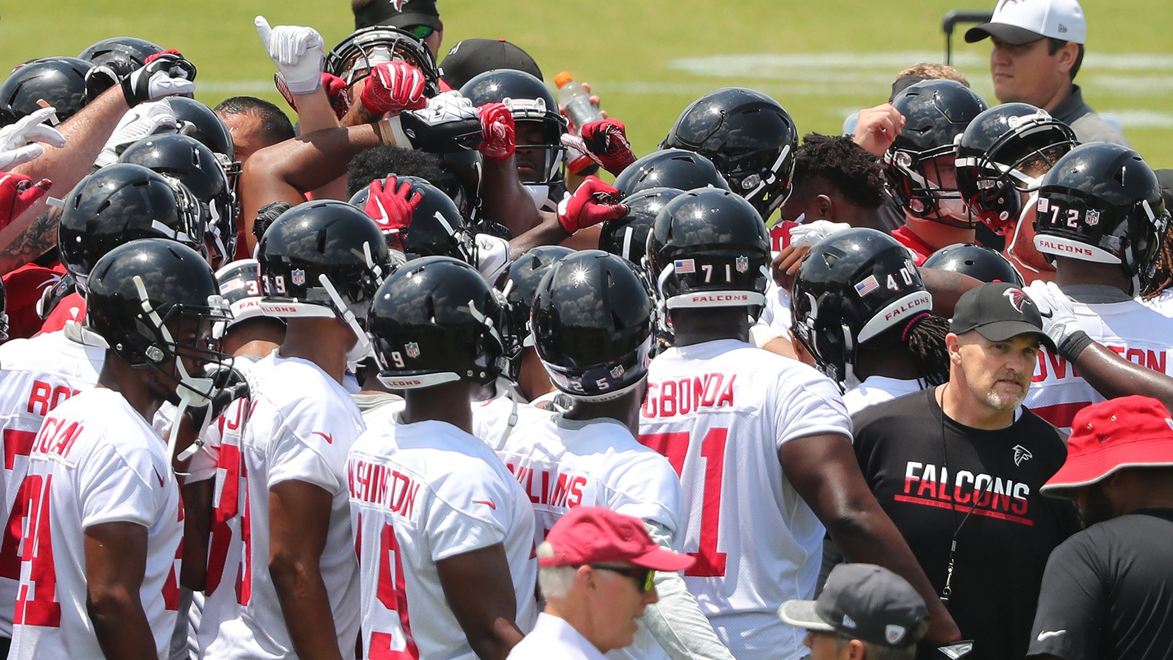 May 12, 2017, Flowery Branch: Falcons head coach Dan Quinn and his new players take the field during rookie mini-camp on Friday, May 12, 2017, in Flowery Branch. Curtis Compton/ccompton@ajc.com