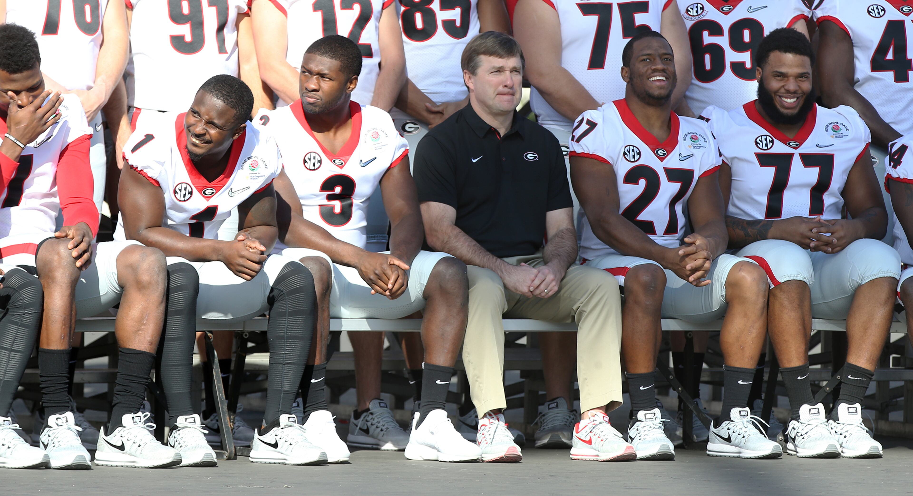 December 31, 2017 Pasadena: Lorenzo Carter (from left), Sony Michel, Roquan Smith, Kirby Smart, Nick Chubb, and Isaiah Wynn are front and center for the official team photo at Rose Bowl Stadium on Sunday, December 31, 2017, in Pasadena. Curtis Compton/ccompton@ajc.com