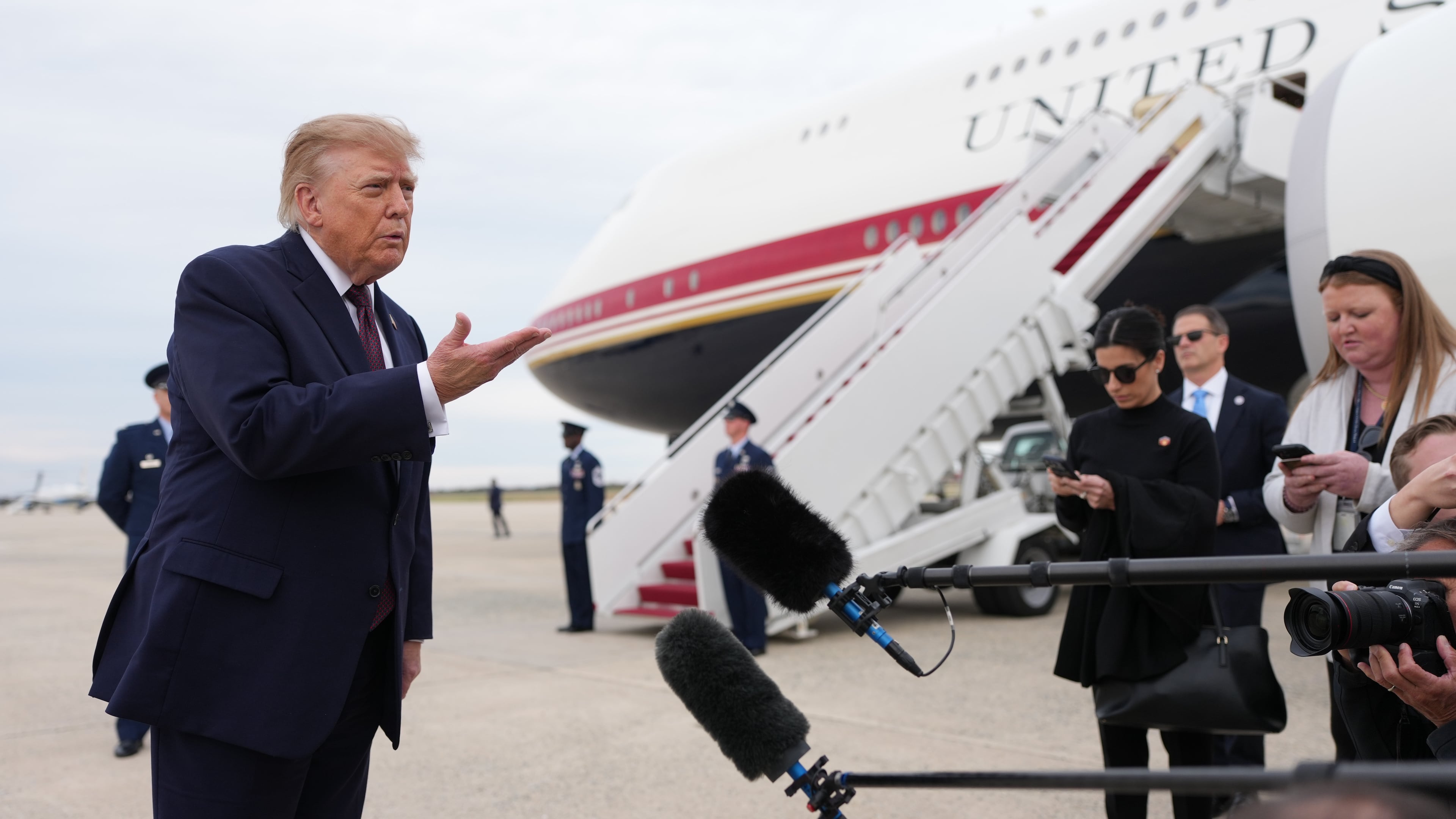 President Donald Trump speaks to reporters before boarding Air Force One, Wednesday, Oct. 28, 2026, at Joint Base Andrews, Md. (AP Photo/Mark Schiefelbein)