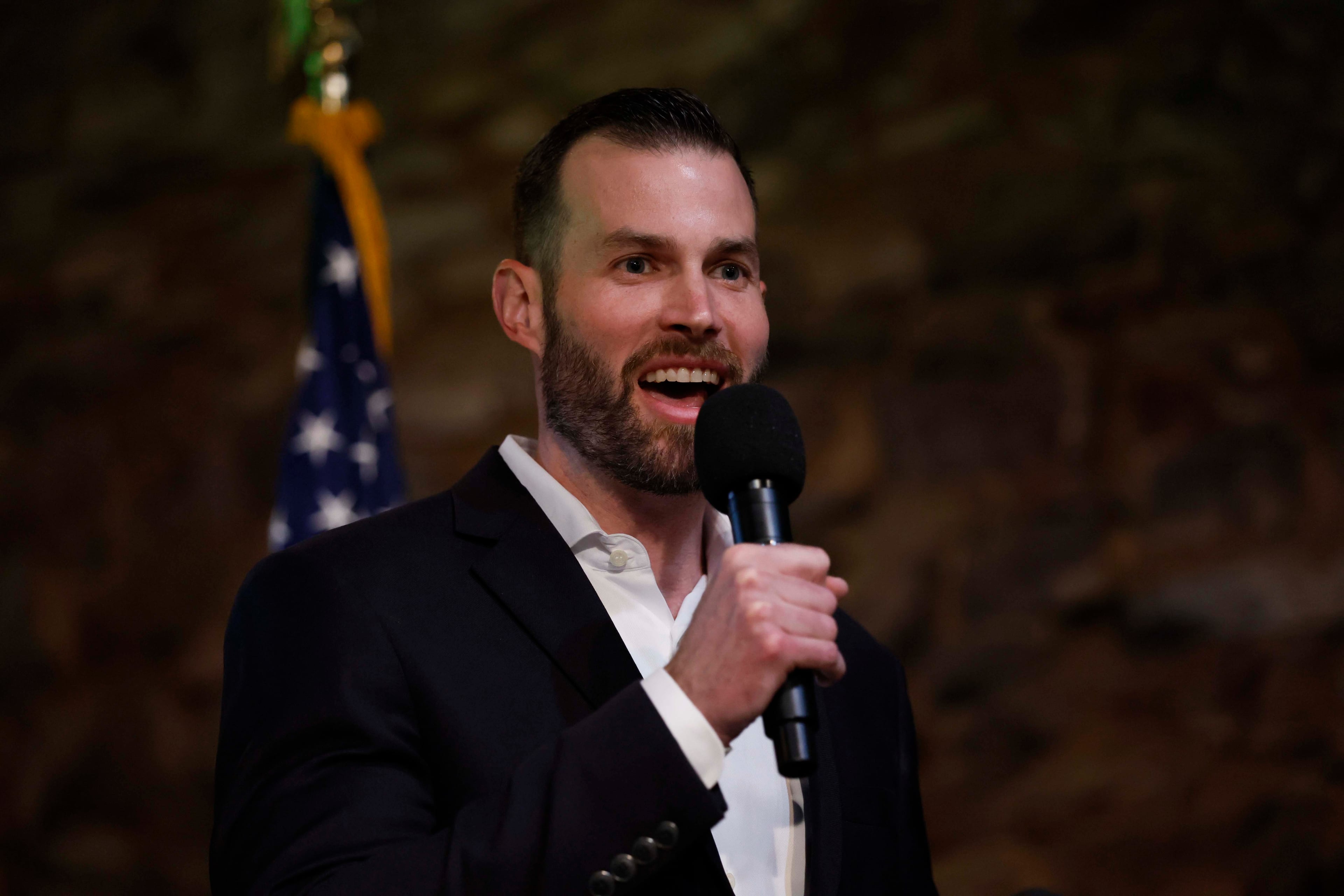Clay Fuller, a Republican aligned with President Trump, delivered his remarks at the Historic Ringgold Depot after winning the runoff election for Georgia’s 14th Congressional District to succeed Marjorie Taylor Greene on Tuesday, April 7, 2026.
(Miguel Martinez/AJC)