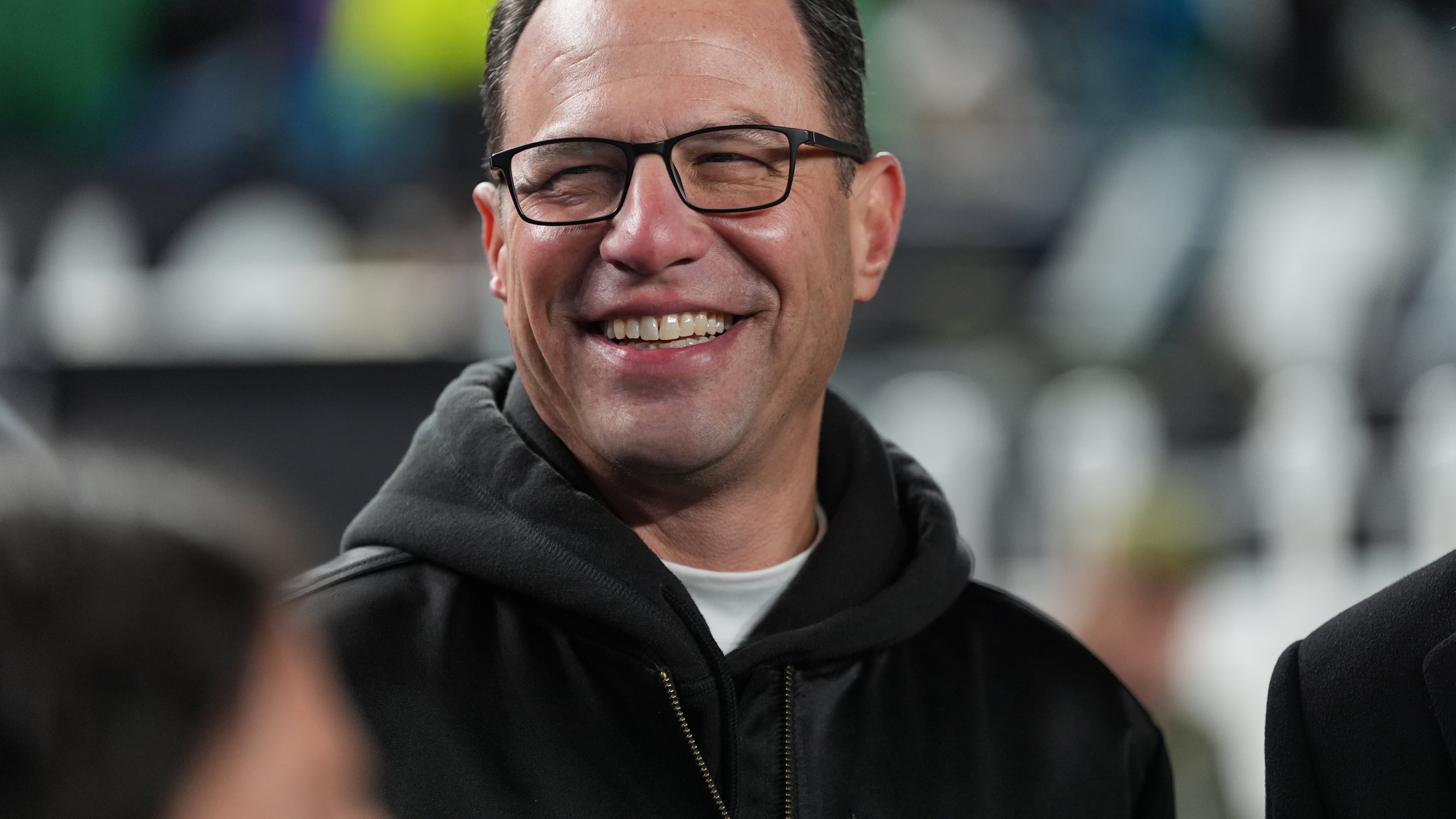 FILE - Pennsylvania Gov. Josh Shapiro watches warm ups before an NFL football game between the Philadelphia Eagles and the Detroit Lions on Sunday, Nov. 16, 2025, in Philadelphia. (AP Photo/Matt Slocum, File)