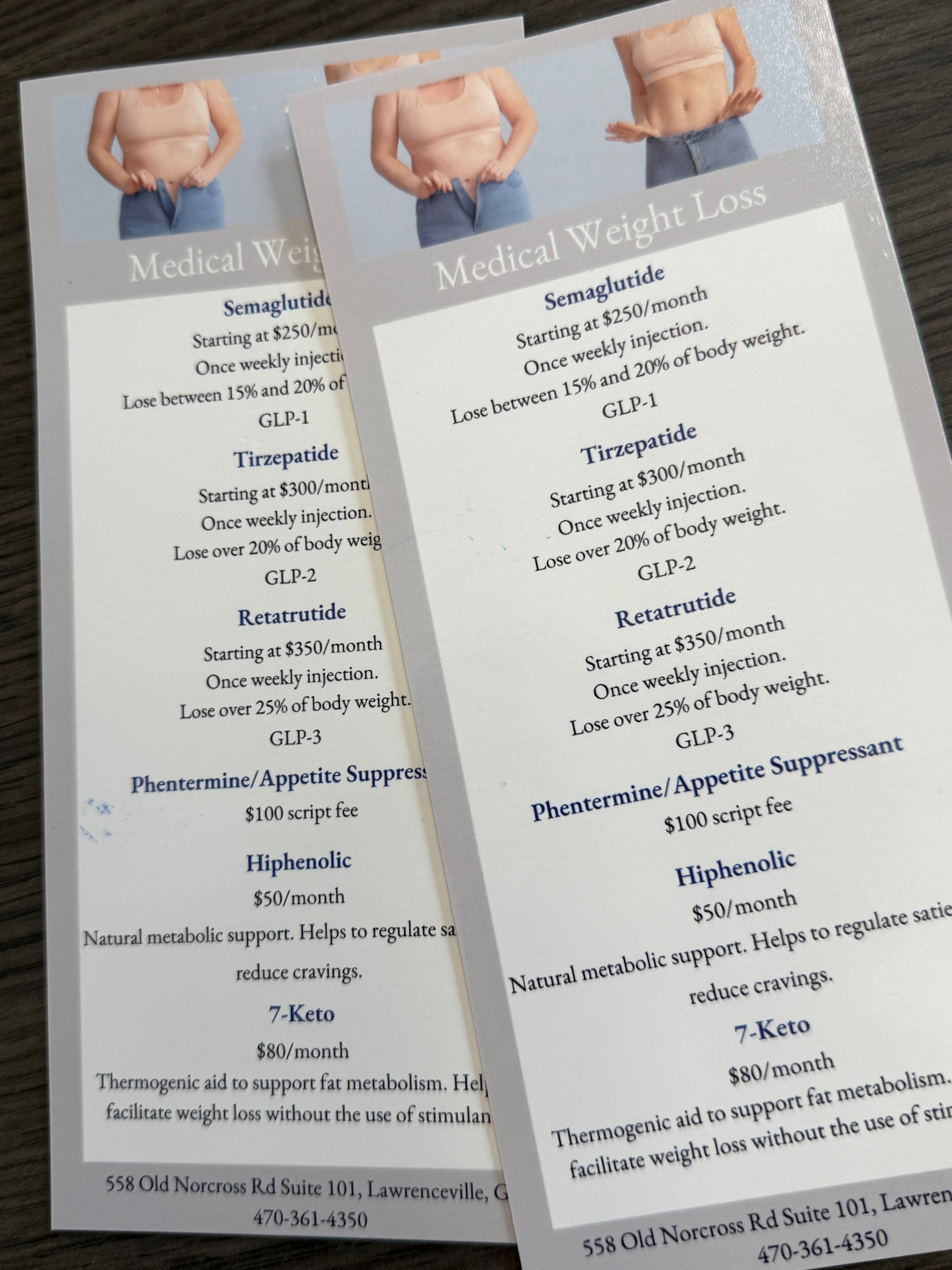 Retatrutide is included on a card listing the weight-loss options at Balanced Bodies Anti-Aging Clinic in Lawrenceville. Eli Lilly, the company developing the drug, is aggressively seeking to stop sales prior to FDA approval. (Danny Robbins for the AJC)