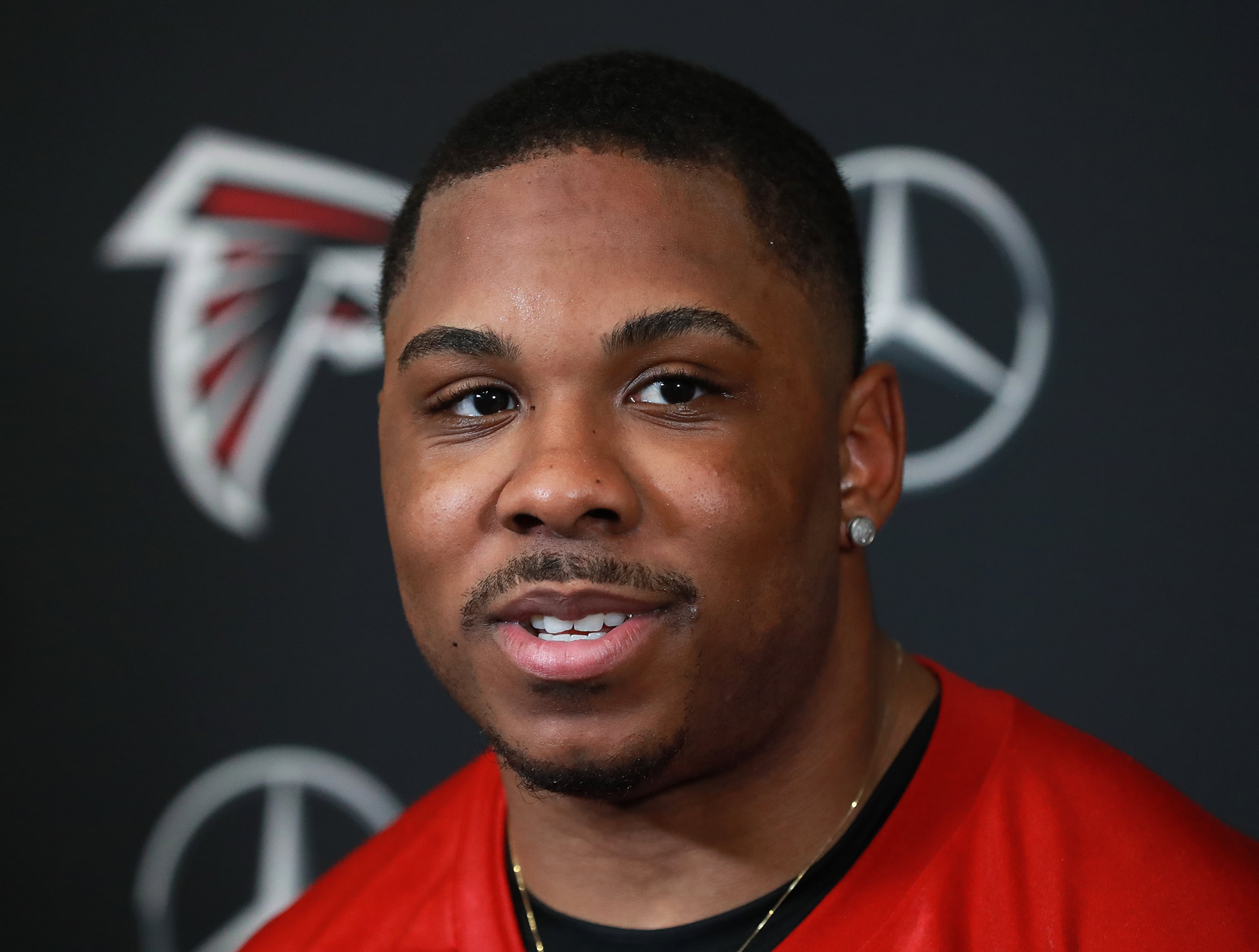 Falcons running back Qadree Ollison takes questions during his interview by the media at rookie minicamp on Saturday, May 11, 2019, in Flowery Branch. Curtis Compton/ccompton@ajc.com