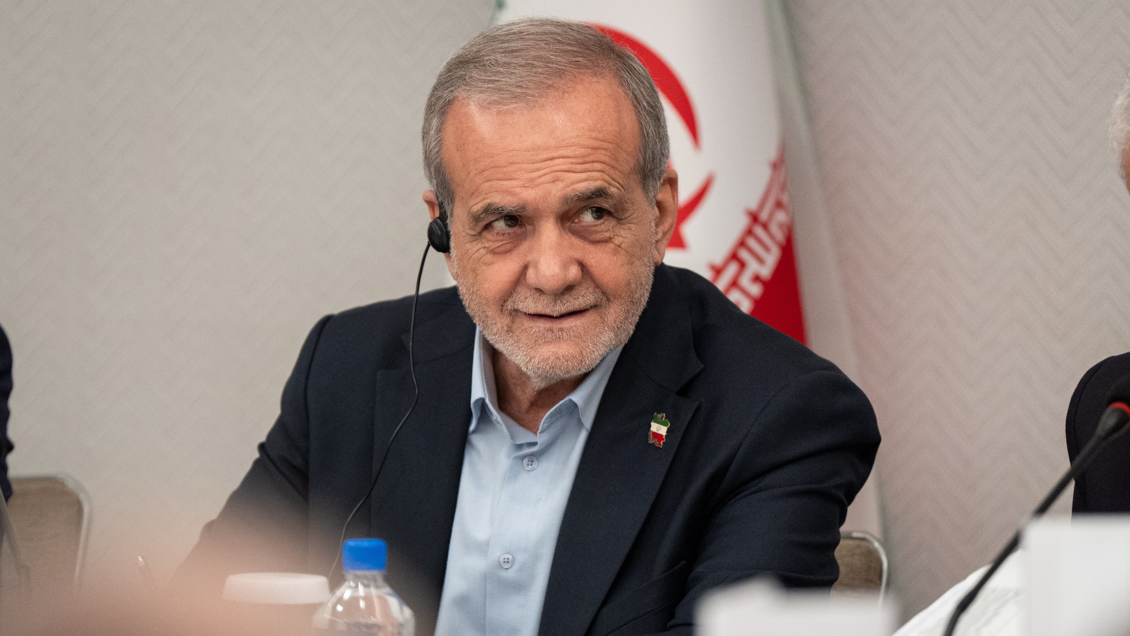 FILE - President of Iran Masoud Pezeshkian takes questions from the media during a news conference in New York on Sept. 26, 2025. (AP Photo/Angelina Katsanis, File)