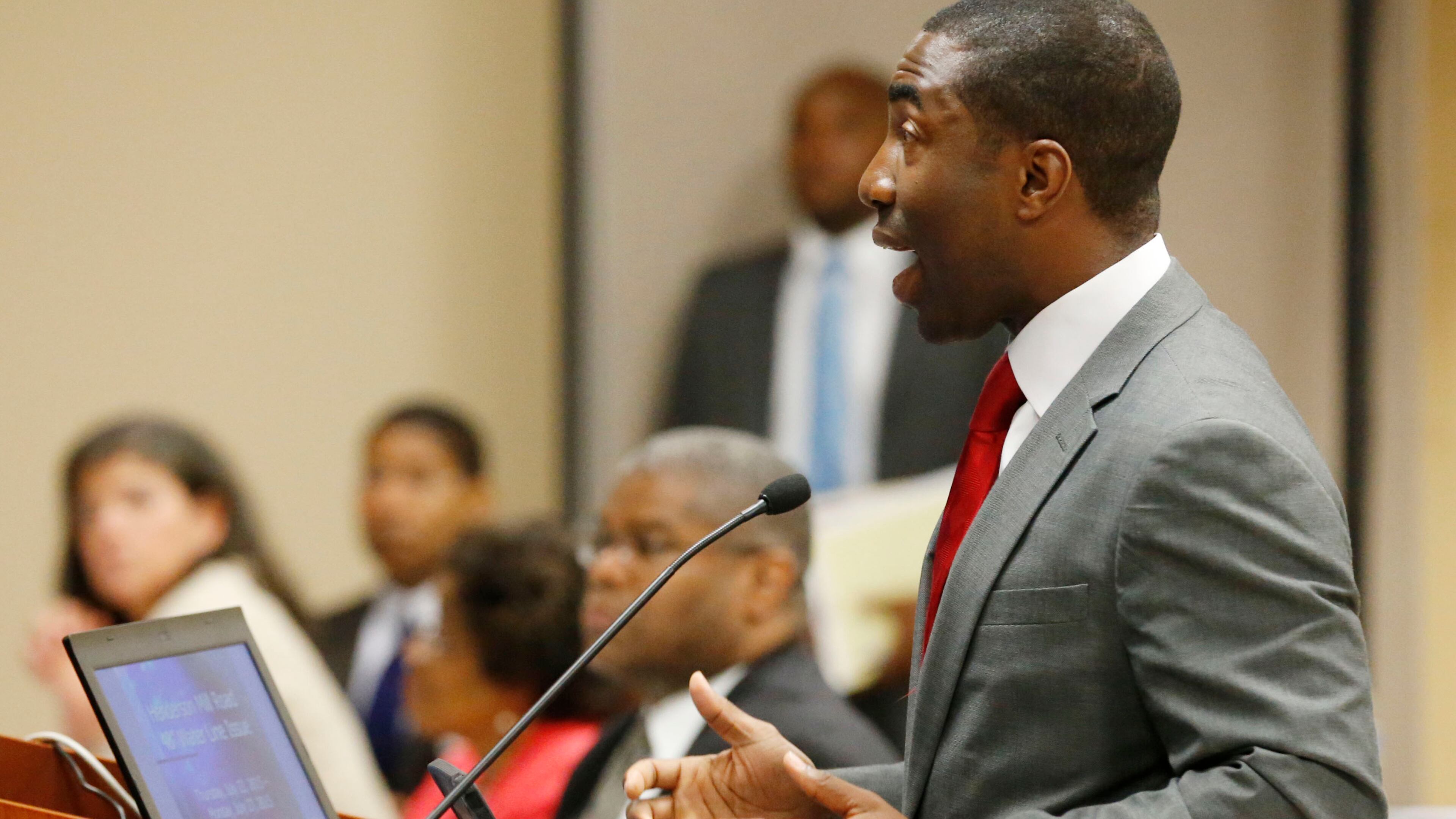 Interim DeKalb CEO Lee May speaks to the DeKalb Commission. BOB ANDRES / BANDRES@AJC.COM