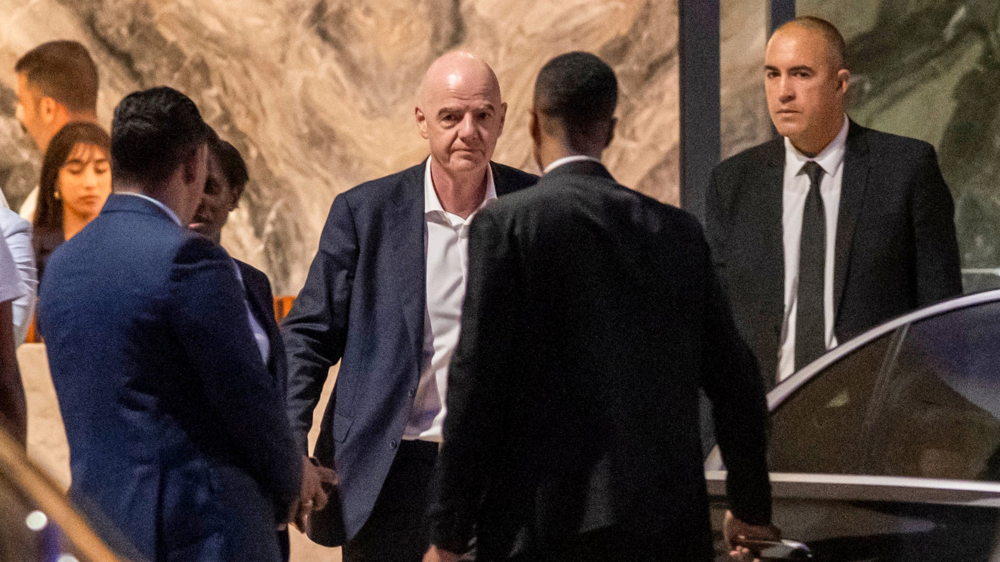 FIFA president Gianni Infantino leaves after attending a Women AFCON 2026 soccer match between Malawi and Zambia, in Rabat, Morocco, Wednesday, Aug. 5, 2026. (AP Photo)