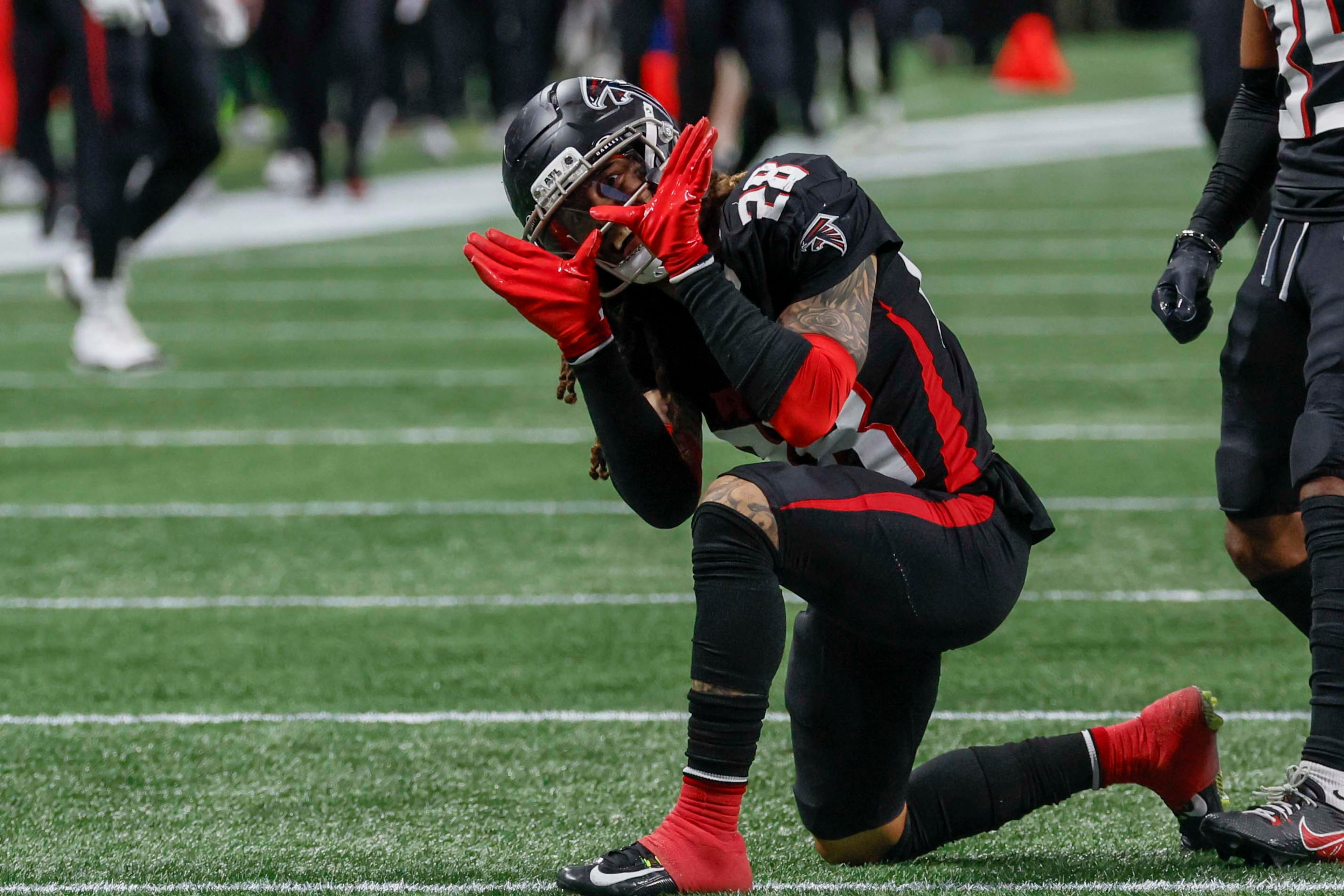 Atlanta Falcons cornerback Mike Ford Jr. reacts after a play in the second half of an NFL football game against the New Orleans Saints at Mercedes-Benz Stadium in Atlanta on Sunday, Jan. 4, 2026. (Miguel Martinez/AJC)