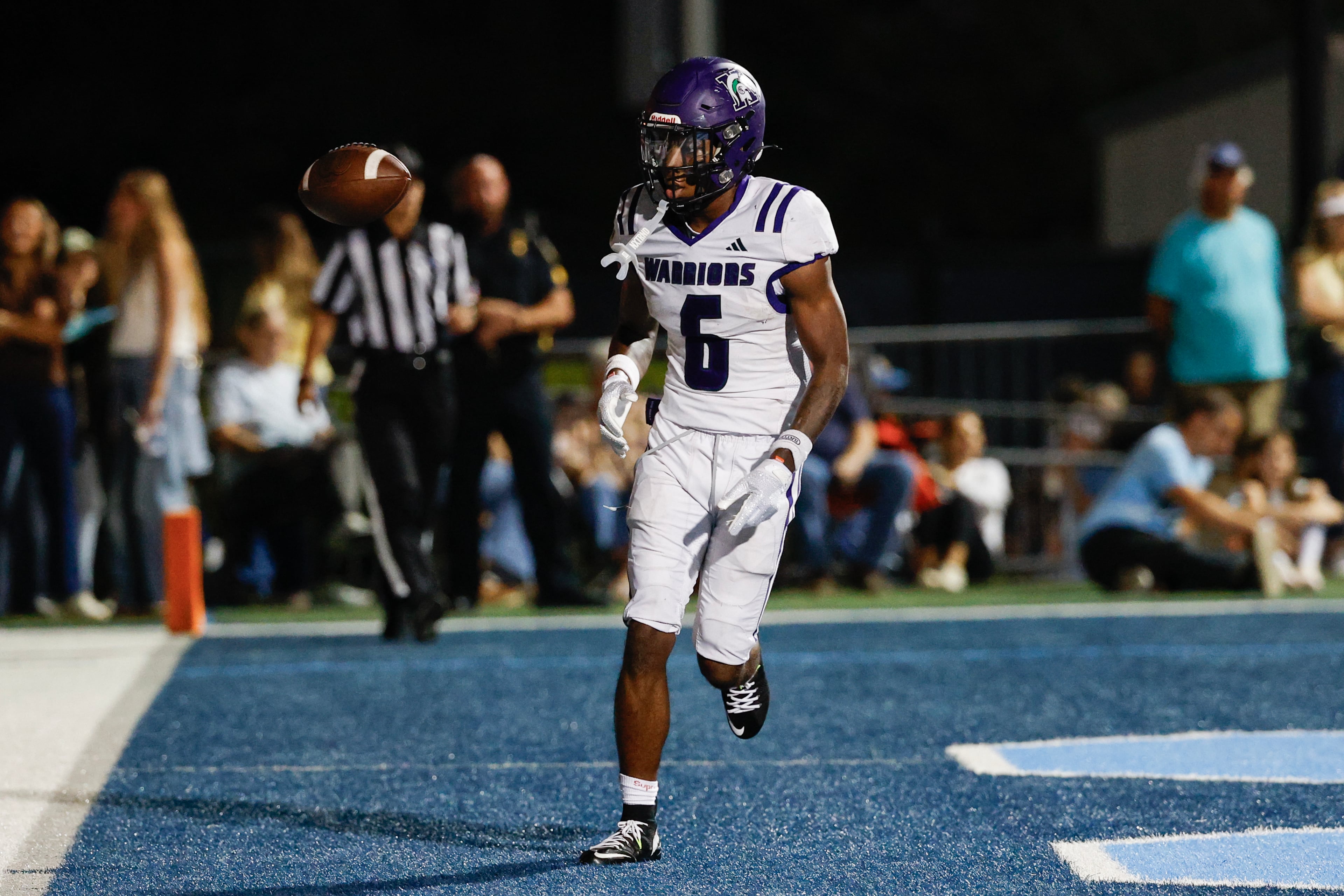 KIPP Atlanta’s Malachi Heard flips the ball after scoring a touchdown against North Cobb Christian on Friday, Oct. 2, 2026, in Kennesaw. (Erik S. Lesser for the AJC)