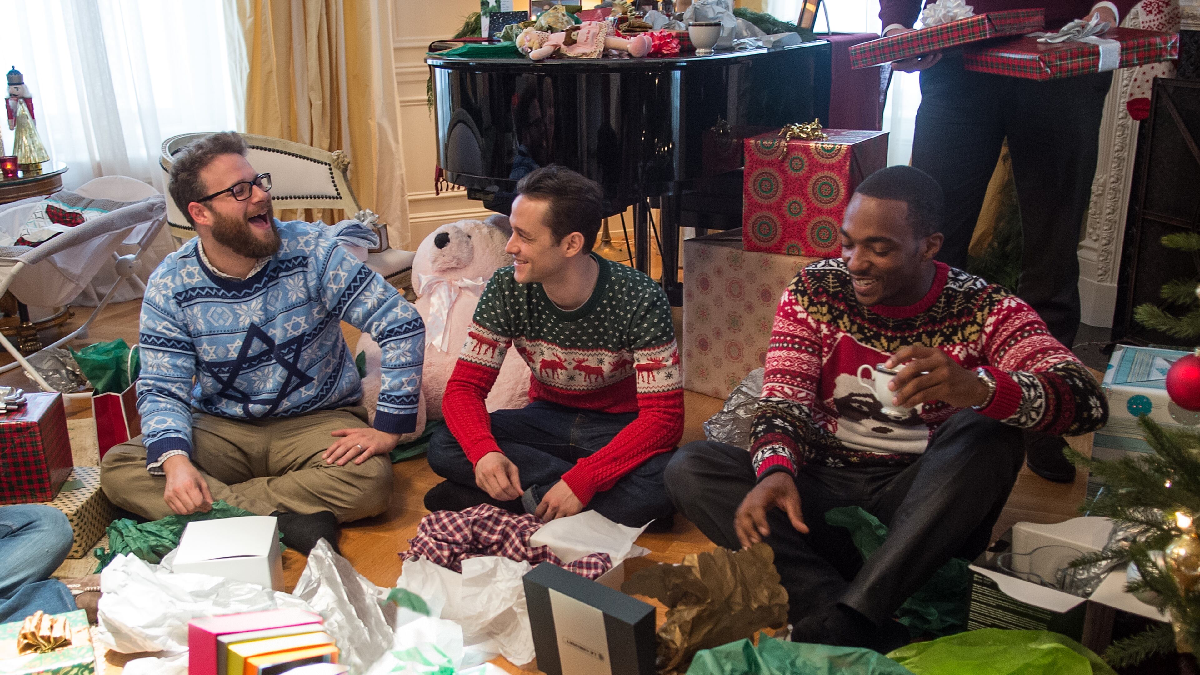 Seth Rogen, from left, Joseph Gordon-Levitt and Anthony Mackie star in Columbia Pictures' "The Night Before."
