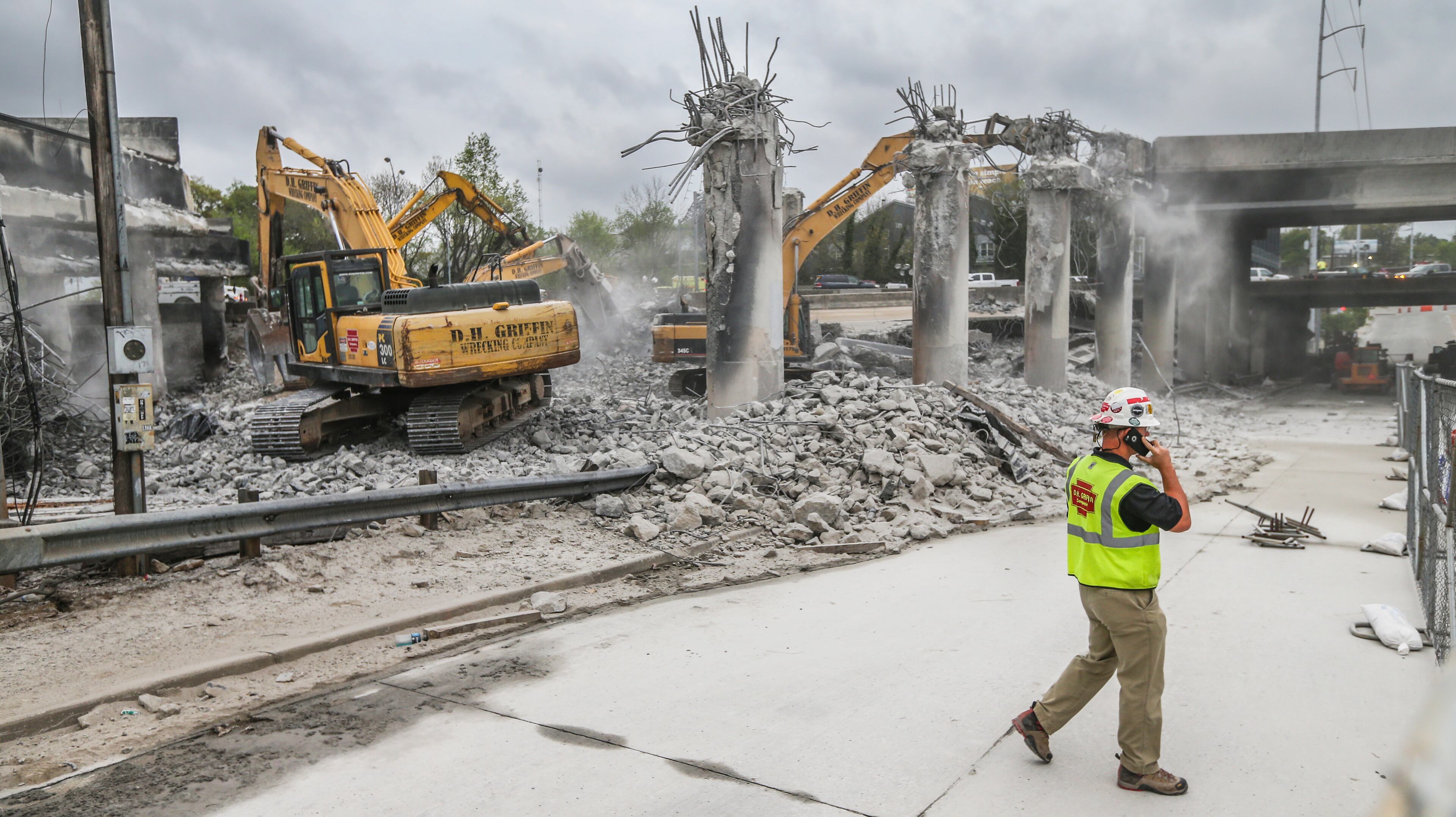 Construction crews continue to work around the clock Monday morning, April 3, 2017 as the commute around the gaping hole in I-85 wasn't as bad as some expected.