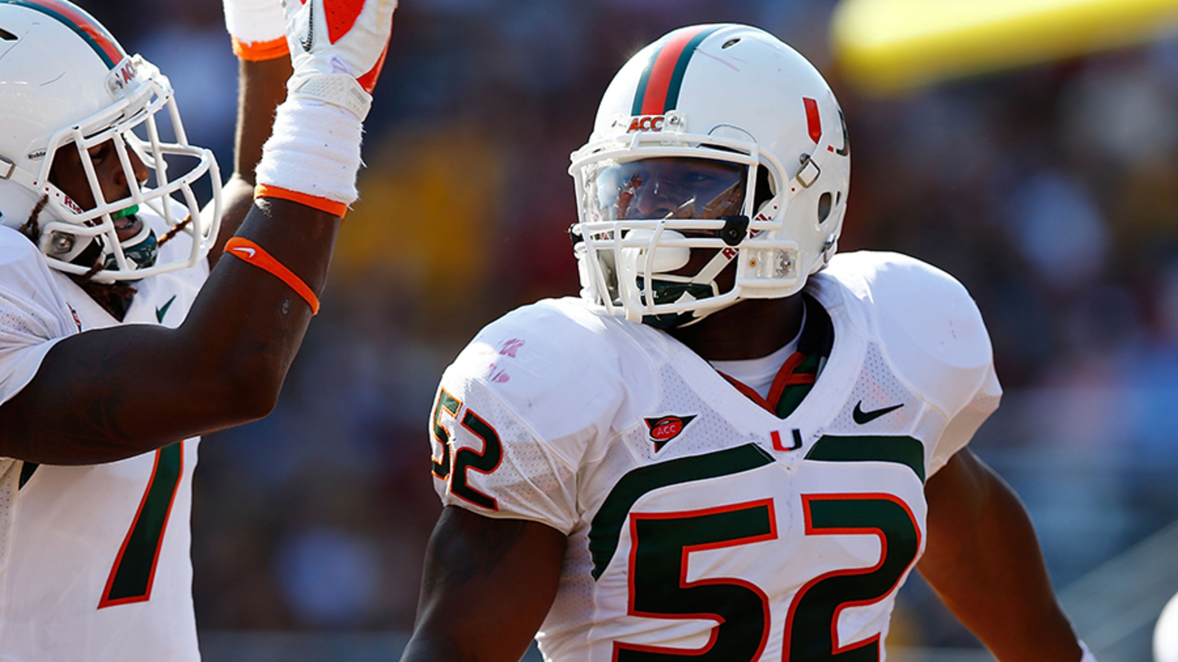 Linebacker Denzel Perryman leads the Hurricanes this season with 36 tackles, including four for loss.