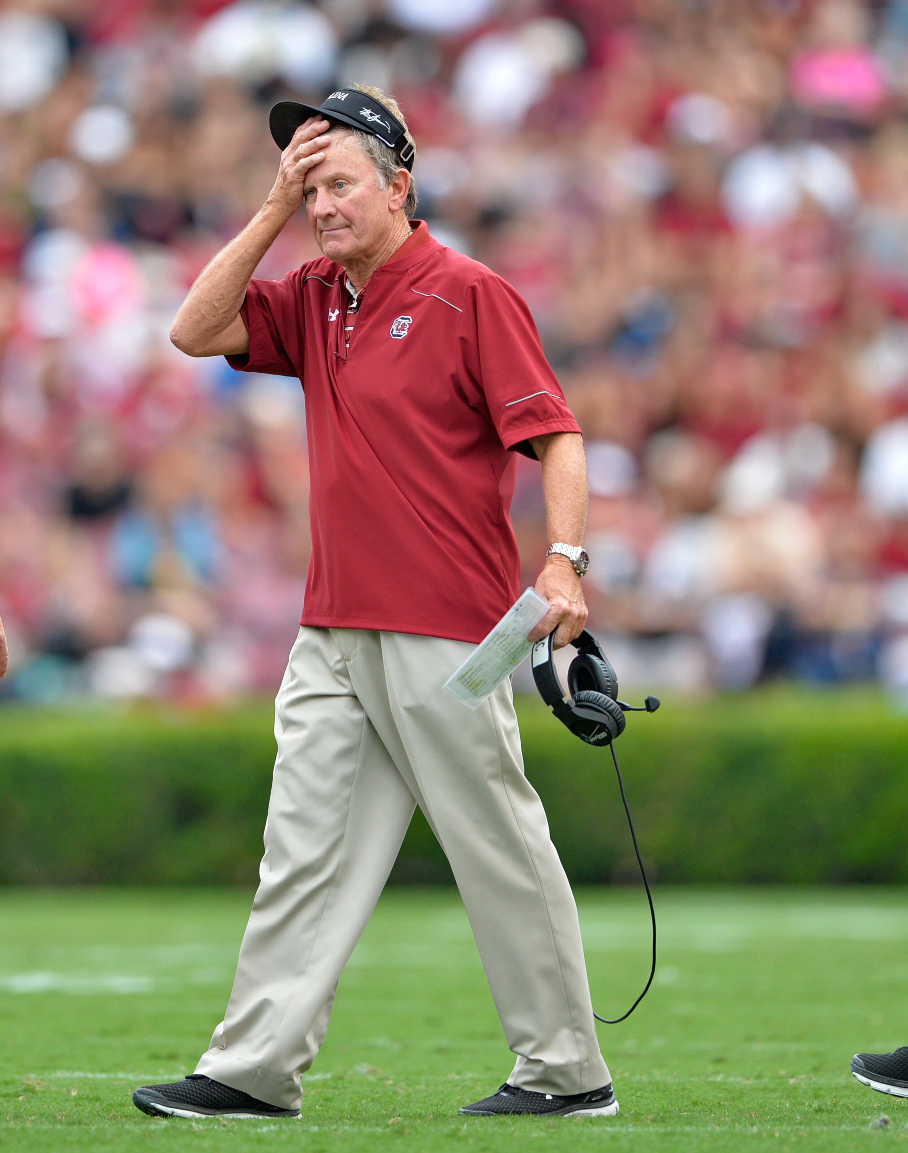 South Carolina head coach Steve Spurrier reacts to a play during the second half of an NCAA college football game against Central Florida, Saturday, Sept. 26, 2015, in Columbia, S.C. South Carolina won 31-14. (AP Photo/Richard Shiro)