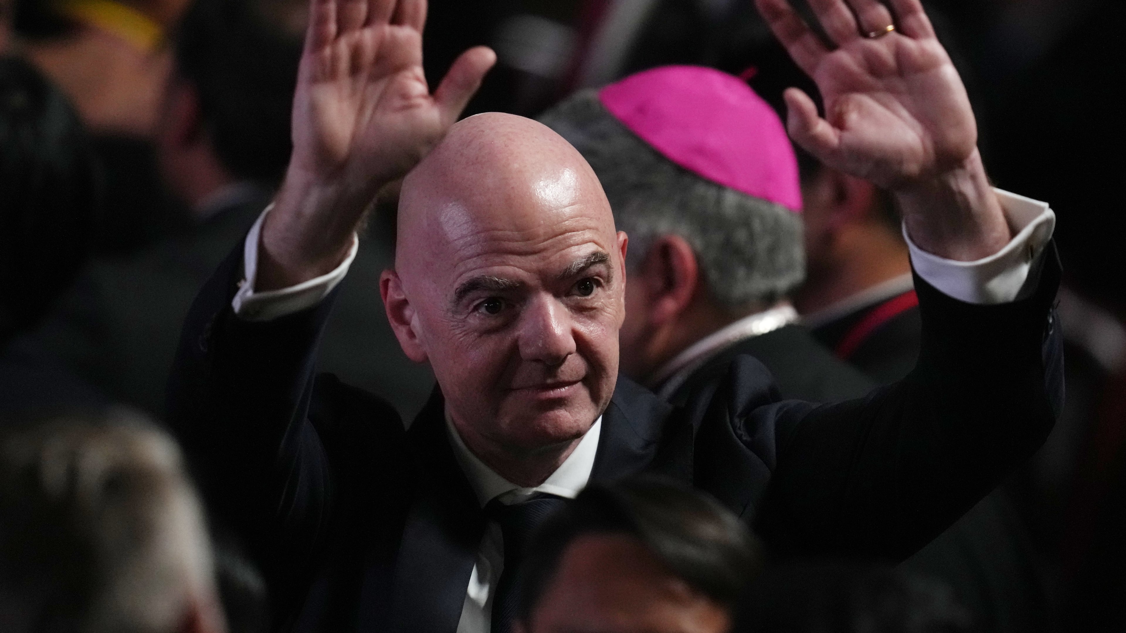 FIFA President Gianni Infantino arrives for the inauguration of President Abelardo de la Espriella in Cali, Colombia, Friday, Aug. 7, 2026. (AP Photo/Matias Delacroix)