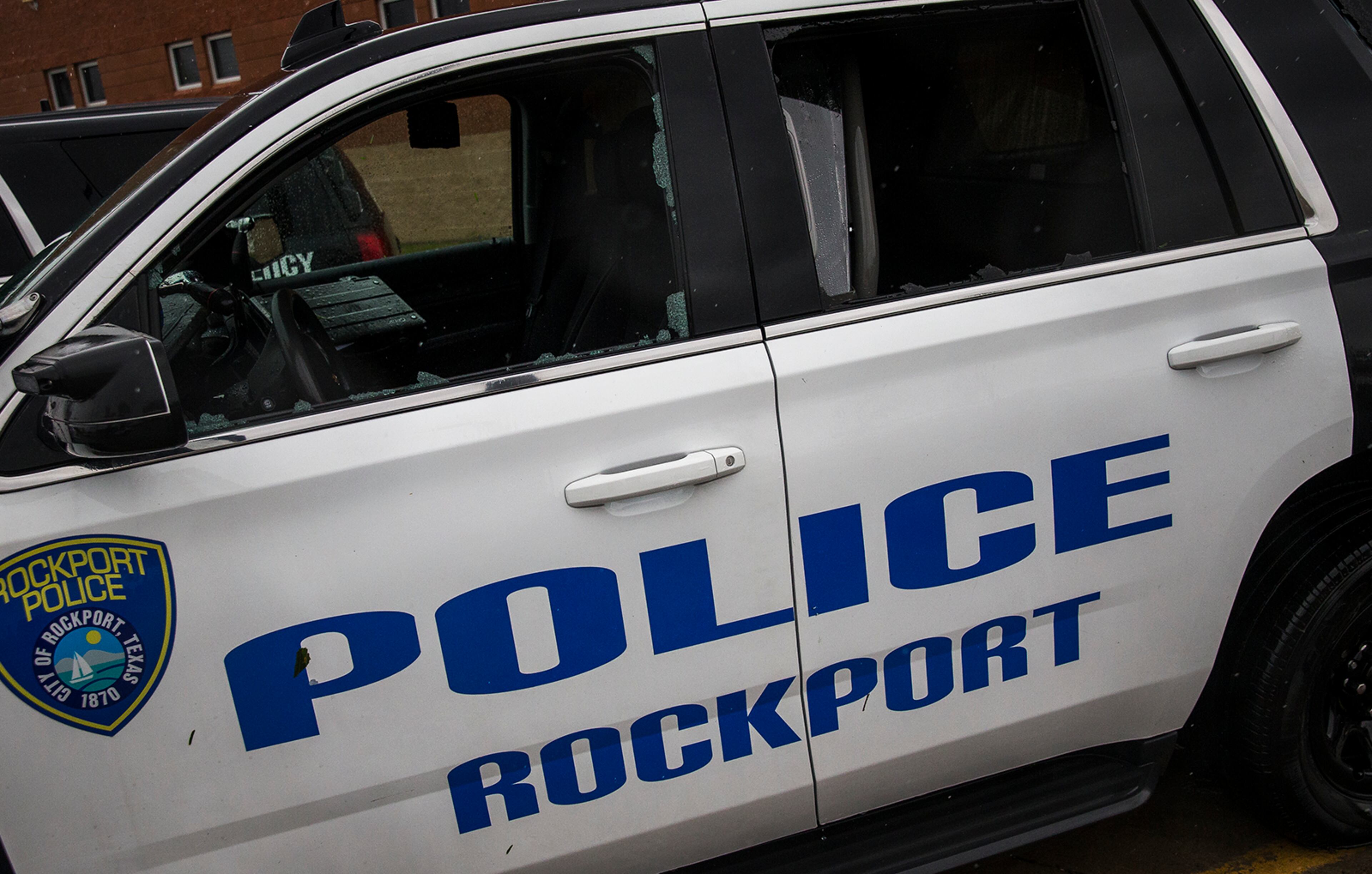 Several Rockford police cruisers had windows smashed out after Hurricane Harvey ripped through Rockport, Texas, on Saturday, August 26, 2017. The hurricane hit the Texas coast as a category 4 storm, damaging buildings and leaving tens of thousands without power. NICK WAGNER / AMERICAN-STATESMAN