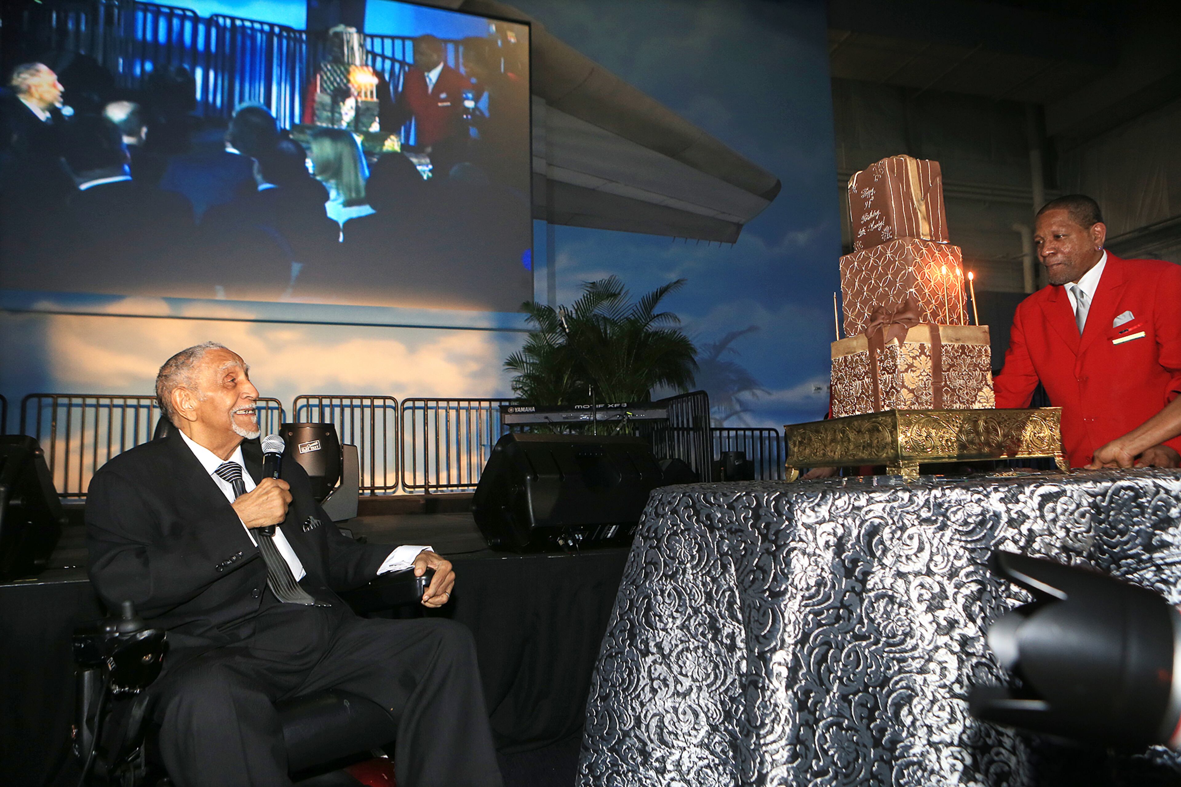 Reverend Dr. Joseph E. Lowery looks on as a surprise birthday cake is rolled out at the end of his 94th birthday celebration and fundraising event for the Joseph and Evelyn Lowery Institute for Justice and Human Rights at the Delta Flight Museum on Tuesday, Oct. 6, 2015, in Atlanta. Curtis Compton / ccompton@ajc.com