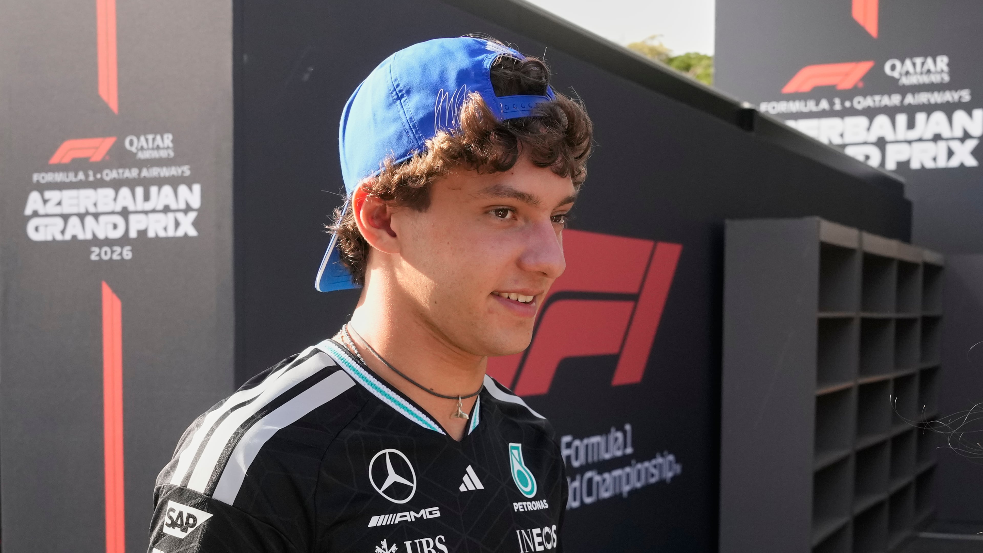 Mercedes driver Andrea Kimi Antonelli of Italy walks through the paddock ahead of the Azerbaijan F1 Grand Prix, in Baku, Azerbaijan, Wednesday, Sept. 23, 2026. (AP Photo/Darko Bandic)