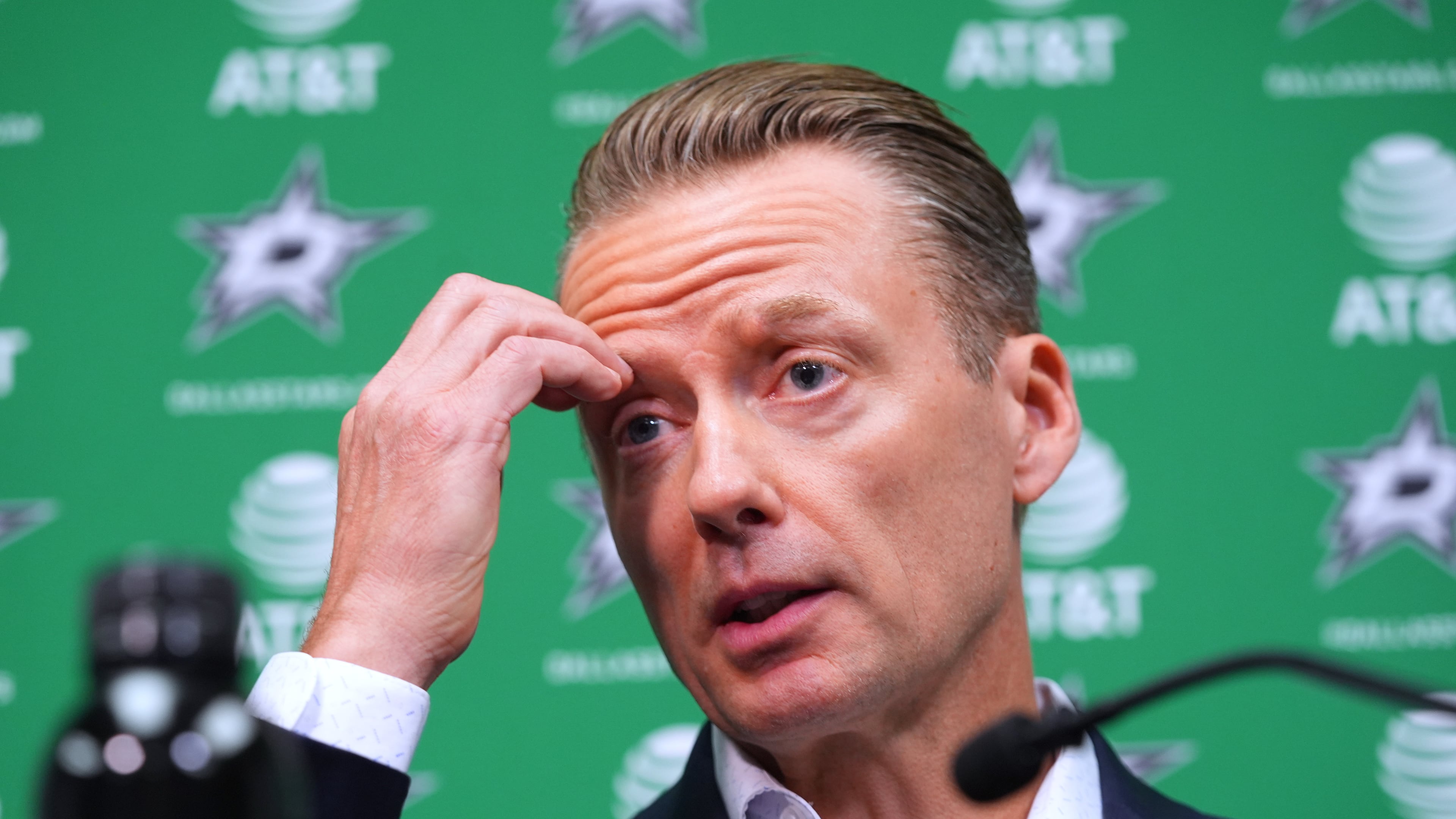 Dallas Stars head coach Glen Gulutzan speaks during media availability Monday, May 4, 2026, in Frisco, Texas. (AP Photo/LM Otero)