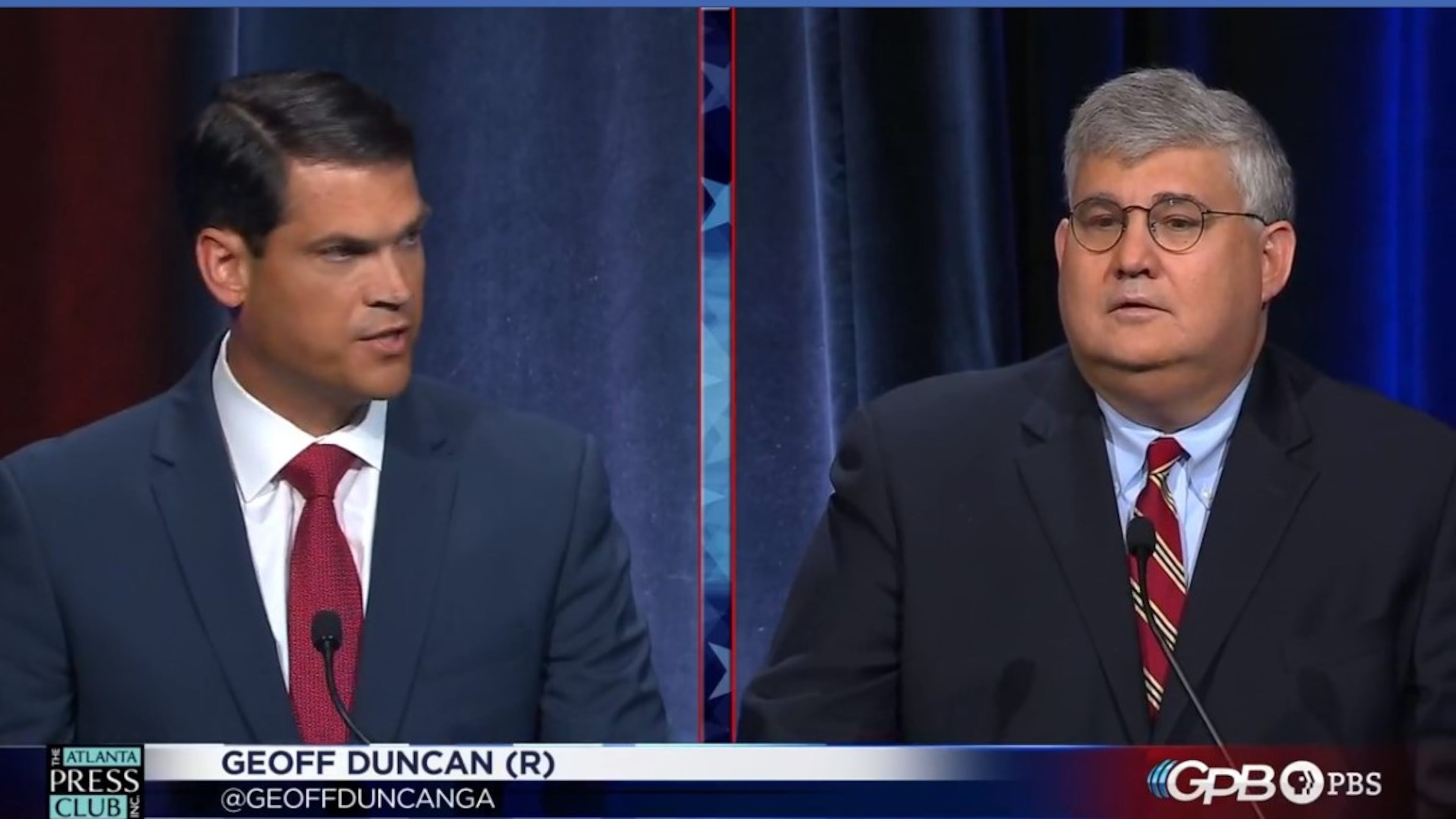 Former state Rep. Geoff Duncan and state Sen. David Shafer, who will face each other in a July 24 runoff to become the Republican nominee for Georgia lieutenant governor, held a testy debate Thursday put on by the Atlanta Press Club. Screen capture.