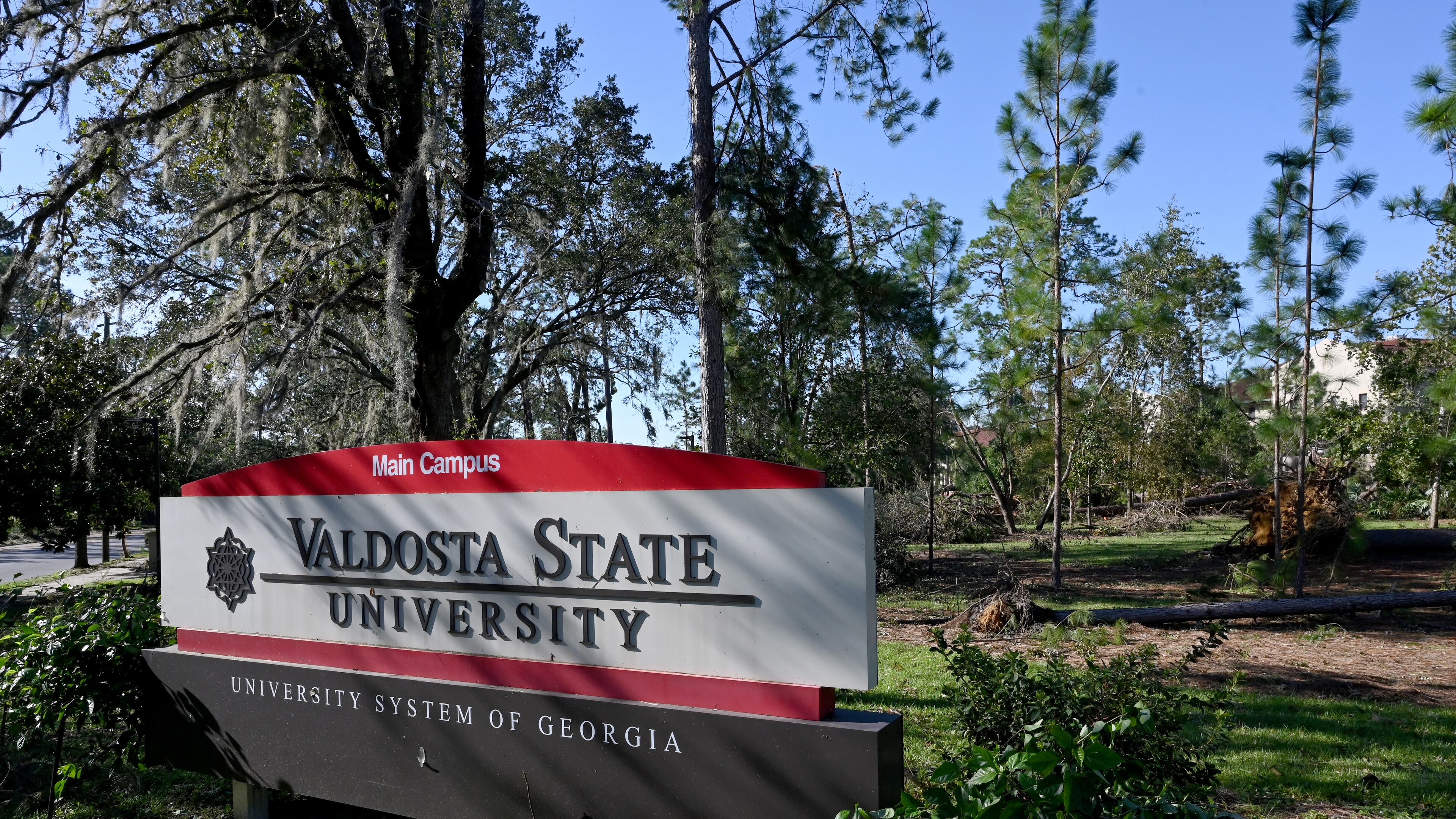 Fallen trees are seen near Valdosta State University, Saturday, September 28, 2024, in Valdosta. The devastation in Valdosta was extensive after the South Georgia city was battered with hurricane-force winds on Helene’s path across the state. Damaging Helene has swept through Georgia, leading to at least 15 deaths. All 159 counties are now assessing the devastation and working to rebuild, even as serious flooding risks linger. (Hyosub Shin / AJC)