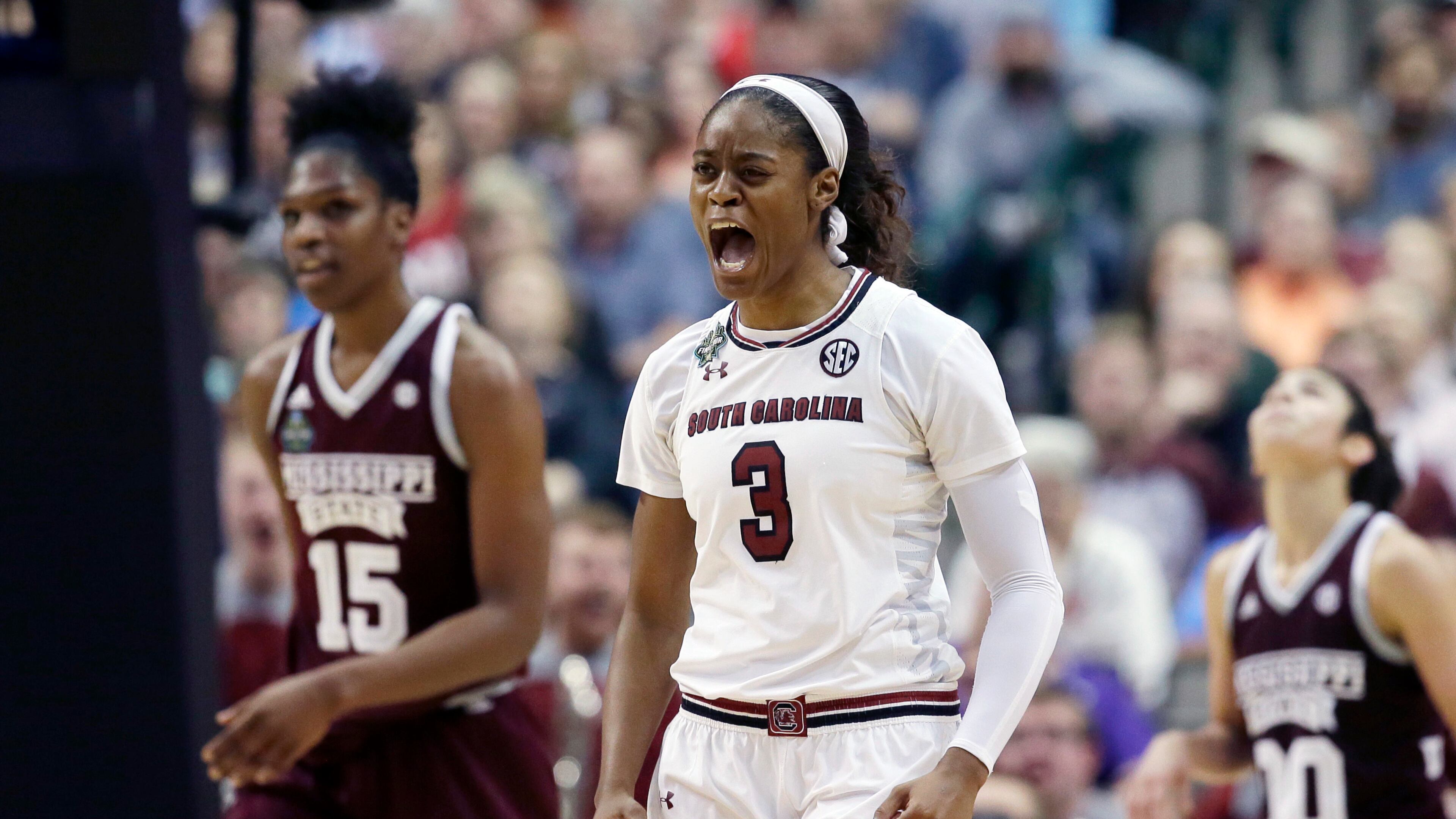 South Carolina guard Kaela Davis (3) celebrates a play during the second half against Mississippi State in the final of NCAA women's Final Four college basketball tournament, Sunday, April 2, 2017, in Dallas. (AP Photo/LM Otero)
